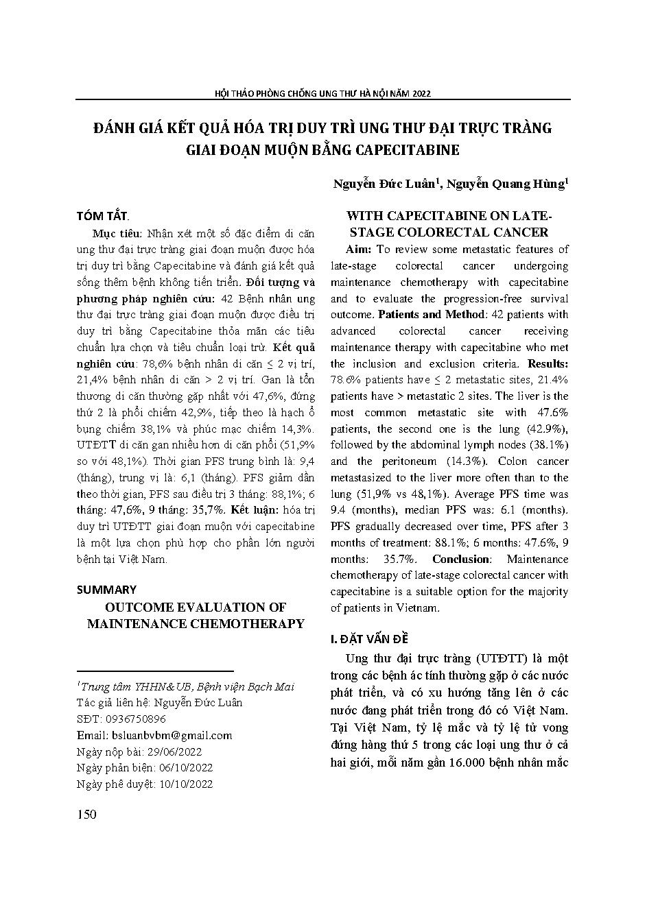 Đánh giá kết quả hóa trị duy trì ung thư đại trực tràng giai đoạn muộn bằng capecitabine = Outcome evaluation of maintenance chemotherapy with capecitabine on late-stage colorectal cancer