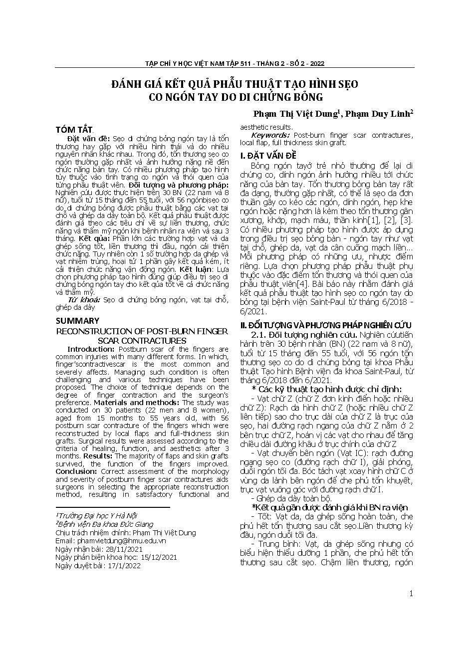Đánh giá kết quả phẫu thuật tạo hình sẹo co ngón tay do di chứng bỏng = Reconstruction of post-burn finger scar contractures