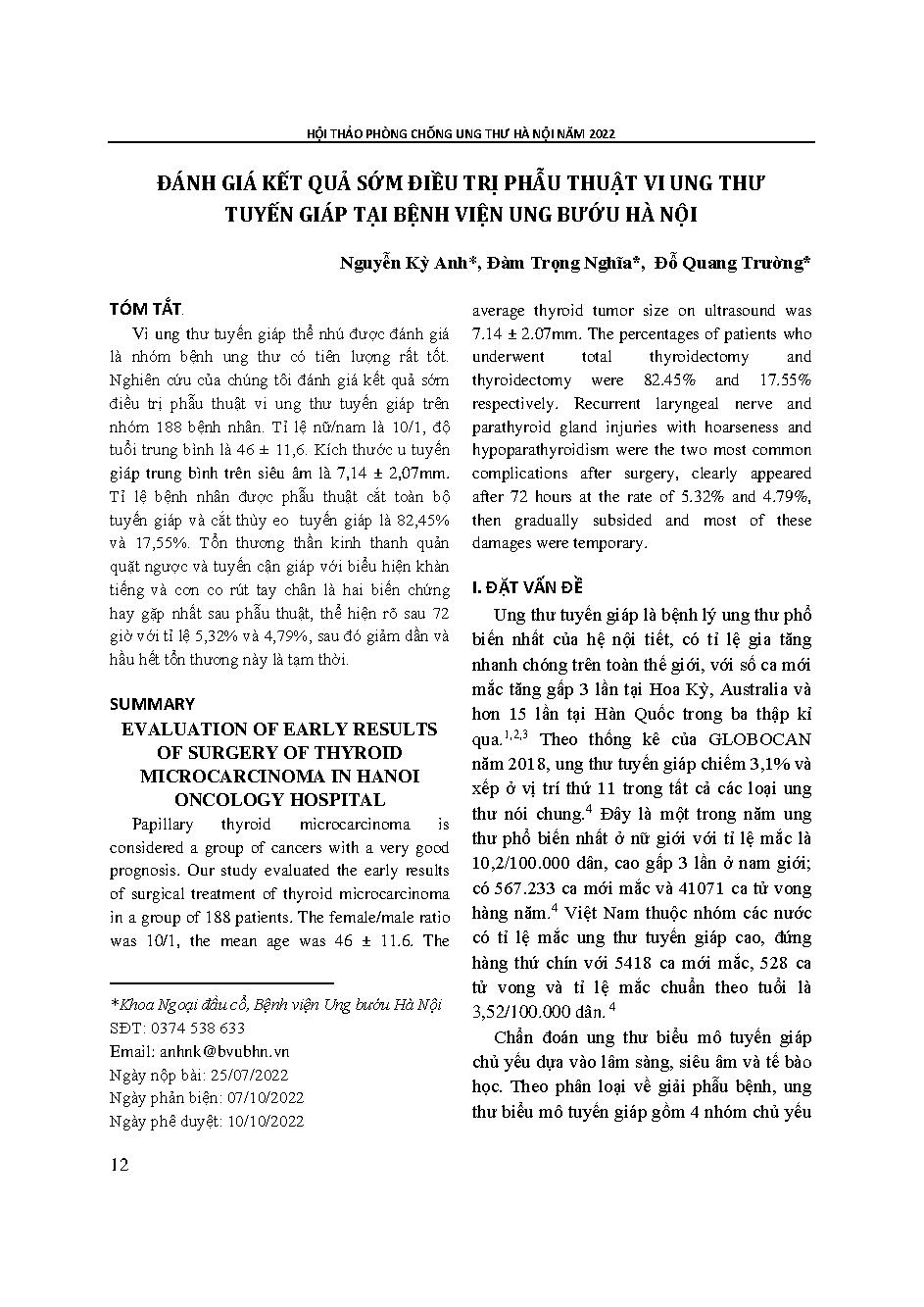 Đánh giá kết quả sớm điều trị phẫu thuật vi ung thư tuyến giáp tại Bệnh viện Ung bướu Hà Nội = Evaluation of early results of surgery of thyroid microcarcinoma in Hanoi oncology hospital