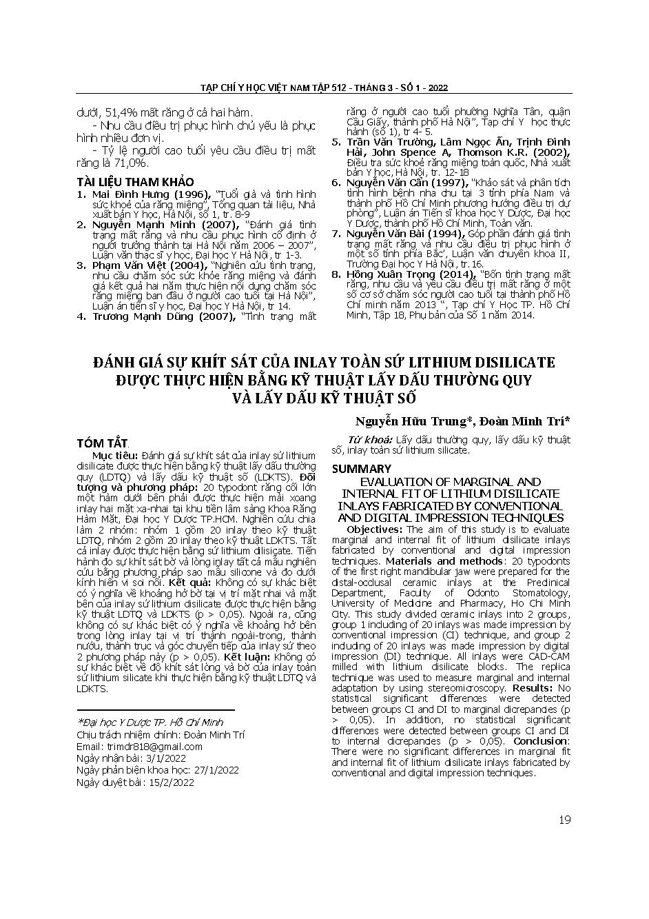 Đánh giá sự khít sát của inlay toàn sứ lithium disilicate được thực hiện bằng kỹ thuật lấy dấu thường quy và lấy dấu kỹ thuật số = Evaluation of marginal and internal fit of lithium disilicate inlays fabricated by conventional and digital impression techn