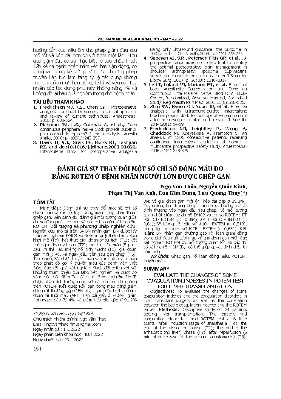 Đánh giá sự thay đổi một số chỉ số đông máu đo bằng rotem ở bệnh nhân người lớn được ghép gan = Evaluate the changes of some coagulation indexes in ROTEM test for liver transplantation