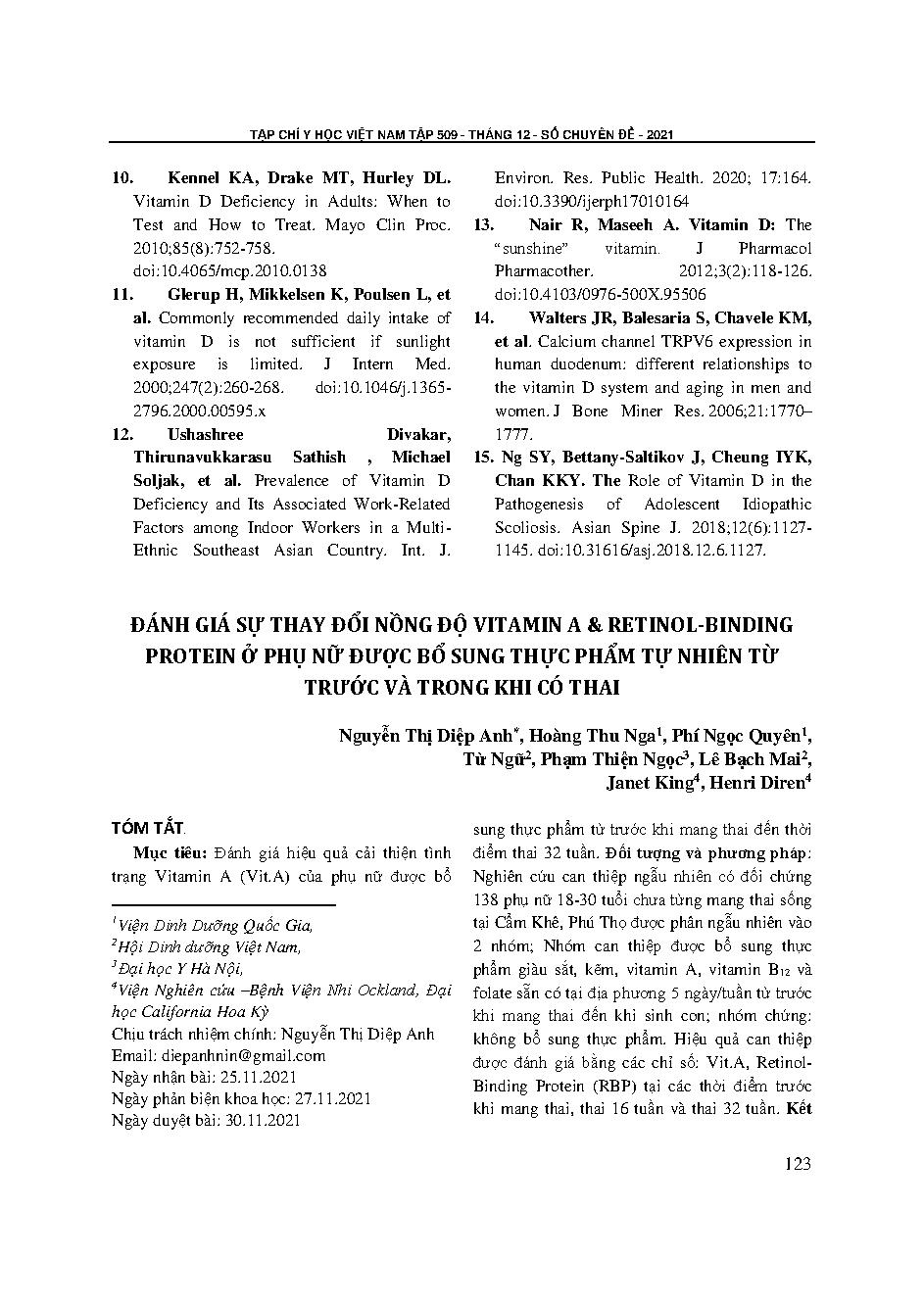 Đánh giá sự thay đổi nồng độ vitamin A và Retinol-binding protein ở phụ nữ được bổ sung thực phẩm tự nhiên từ trước và trong khi có thai