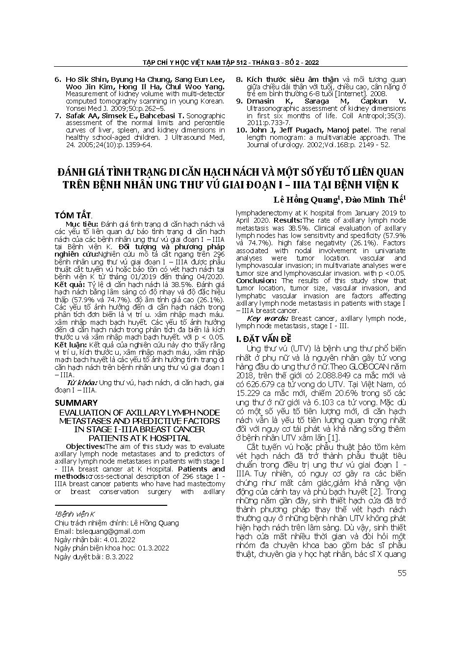 Đánh giá tình trạng di căn hạch nách và một số yếu tố liên quan trên bệnh nhân ung thư vú giai đoạn I – IIIa tại Bệnh viện K = Evaluation of axillary lymph node metastases and predictive factors in stage I-IIIa breast cancer patients at K hospital