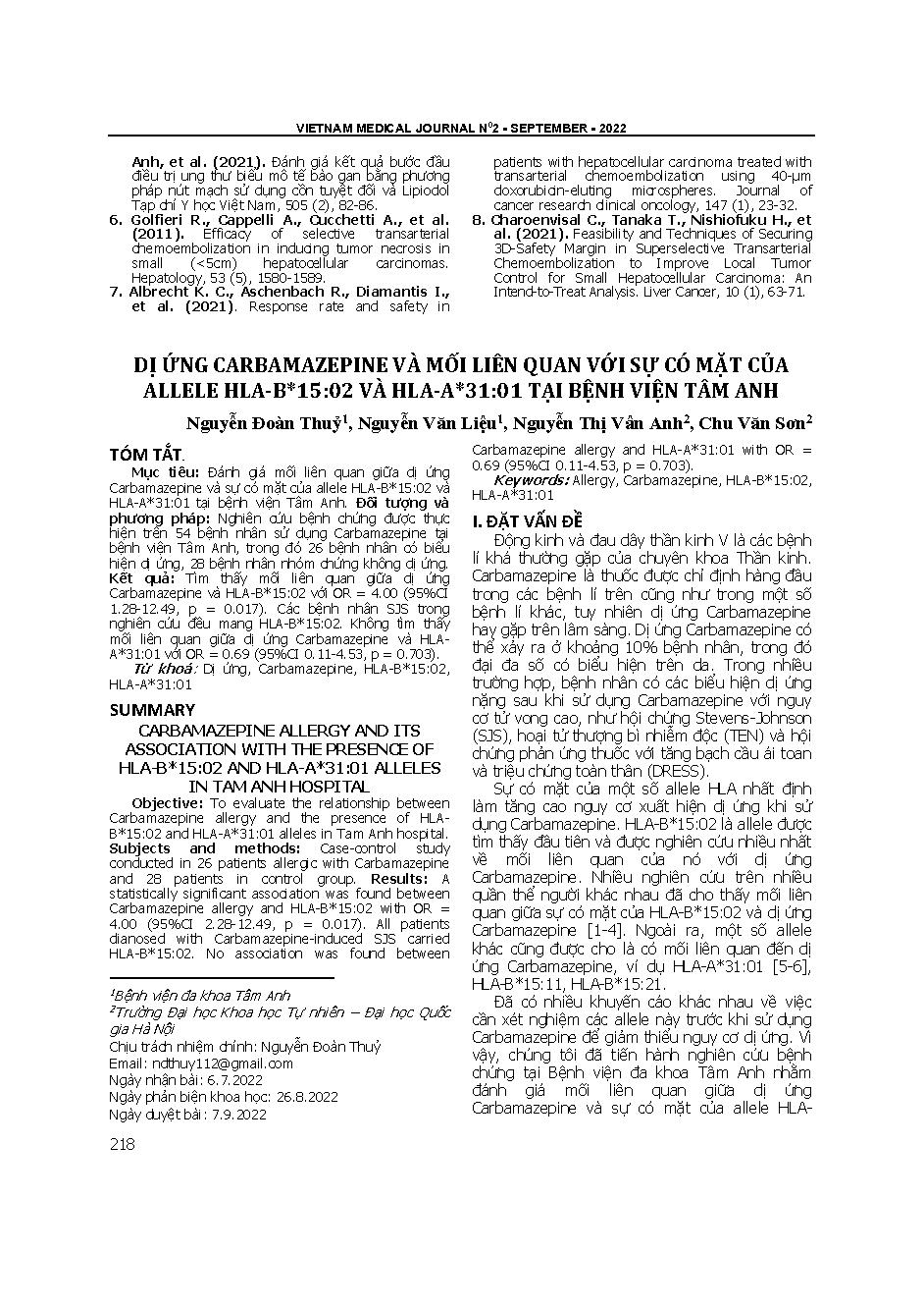 Dị ứng Carbamazepine và mối liên quan với sự có mặt của allele HLA-B*15:02 và HLA-A*31:01 tại Bệnh viện Tâm Anh