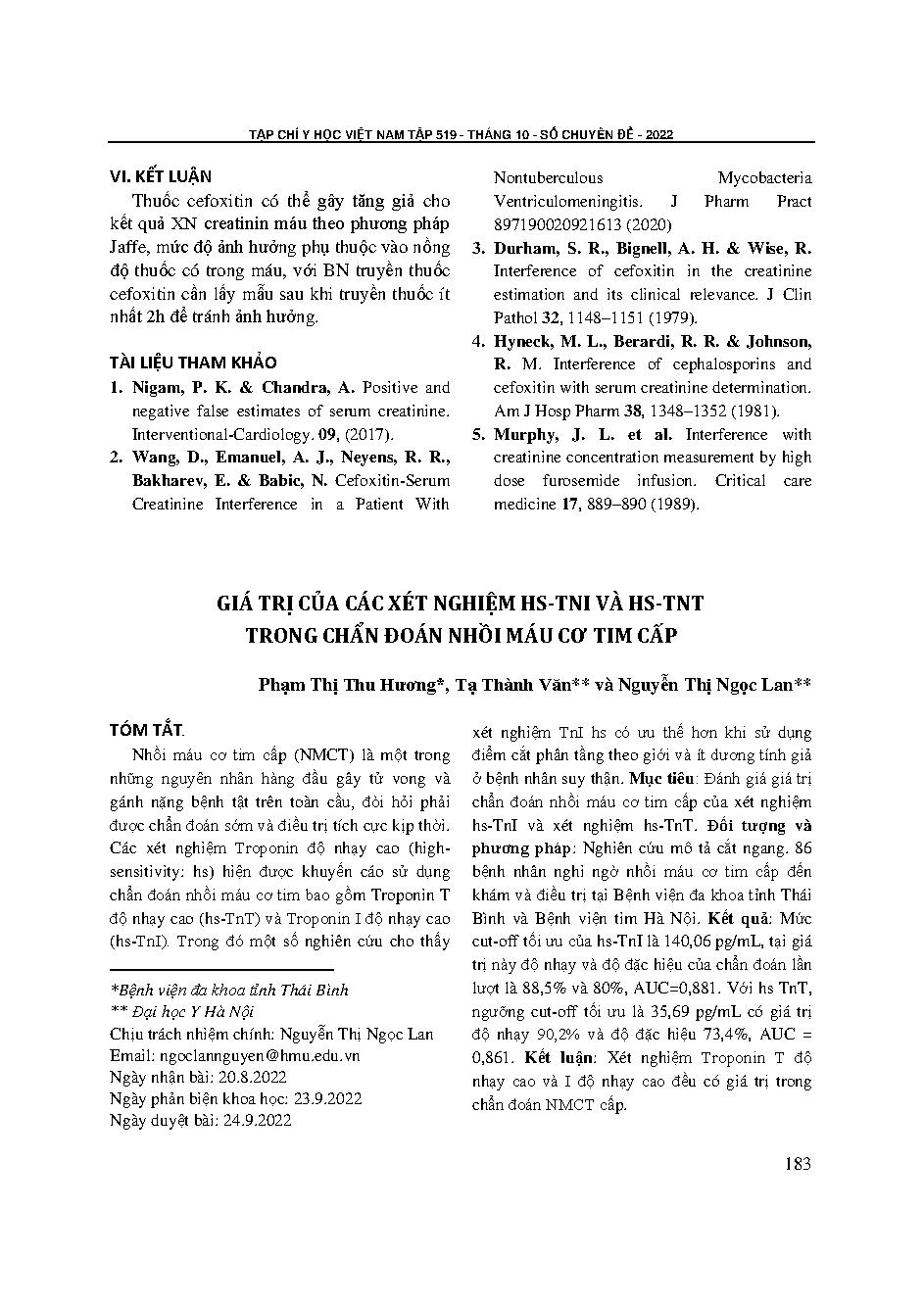 Giá trị của các xét nghiệm hs-TnI và xét nghiệm hs-TnT trong chẩn đoán nhồi máu cơ tim cấp = Value of hs-TnI and hs-TnT tests in the diagnosis of acute myocardial infarction