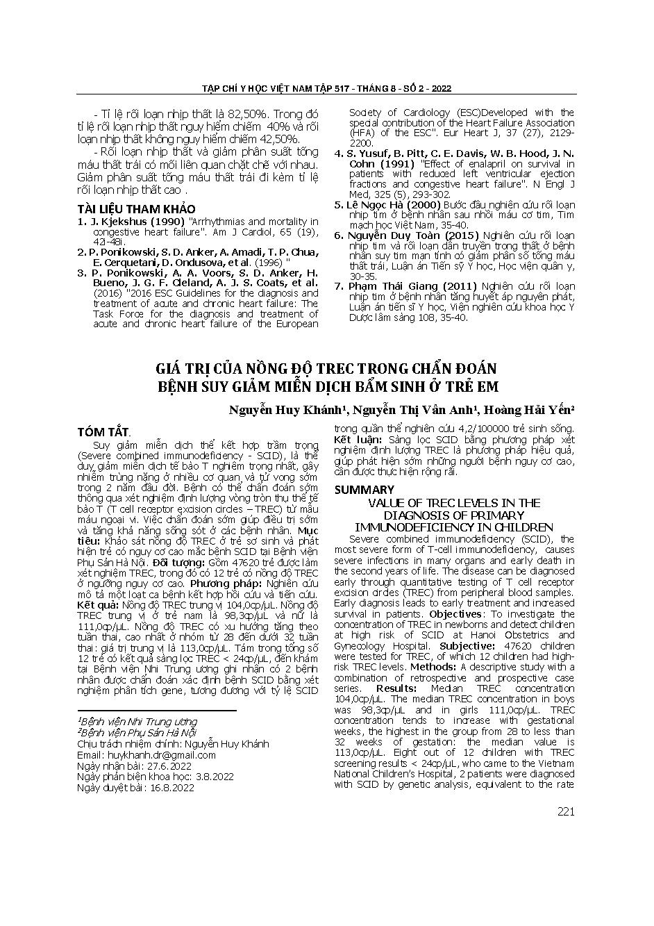 Giá trị của nồng độ trec trong chẩn đoán bệnh suy giảm miễn dịch bẩm sinh ở trẻ em = Value of trec levels in the diagnosis of primary immunodeficiency in children