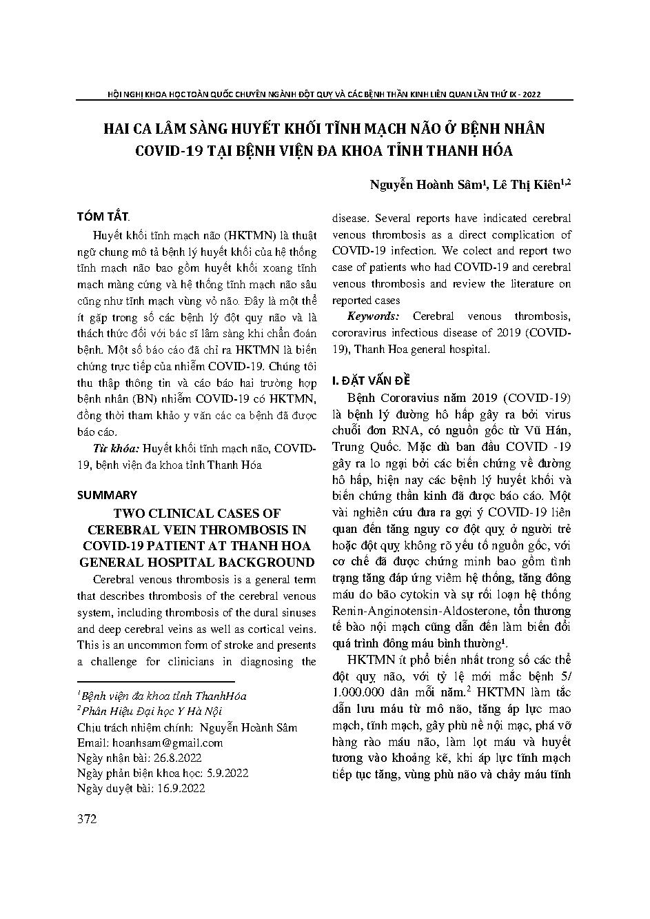 Hai ca lâm sàng huyết khối tĩnh mạch não ở bệnh nhân Covid-19 tại Bệnh viện Đa khoa tỉnh Thanh Hóa = Two clinical cases of cerebral vein thrombosis in Covid-19 patient at Thanh Hoa general hospital background