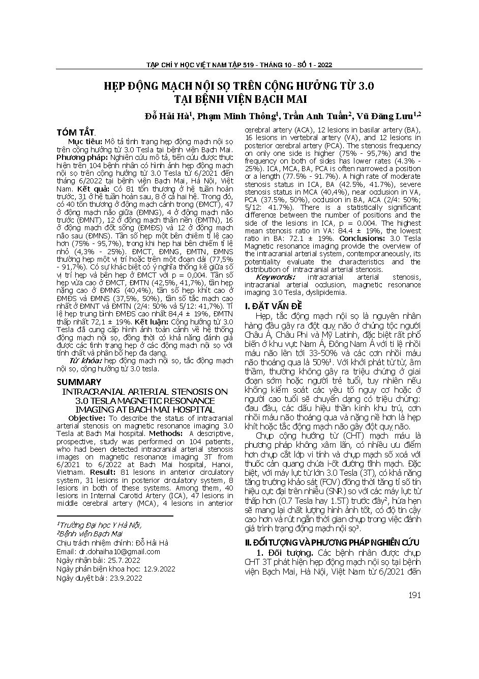 Hẹp động mạch nội sọ trên cộng hưởng từ 3.0 tại bệnh viện Bạch Mai = Intracranial arterial stenosis on 3.0 tesla magnetic resonance imaging at bach mai hospital
