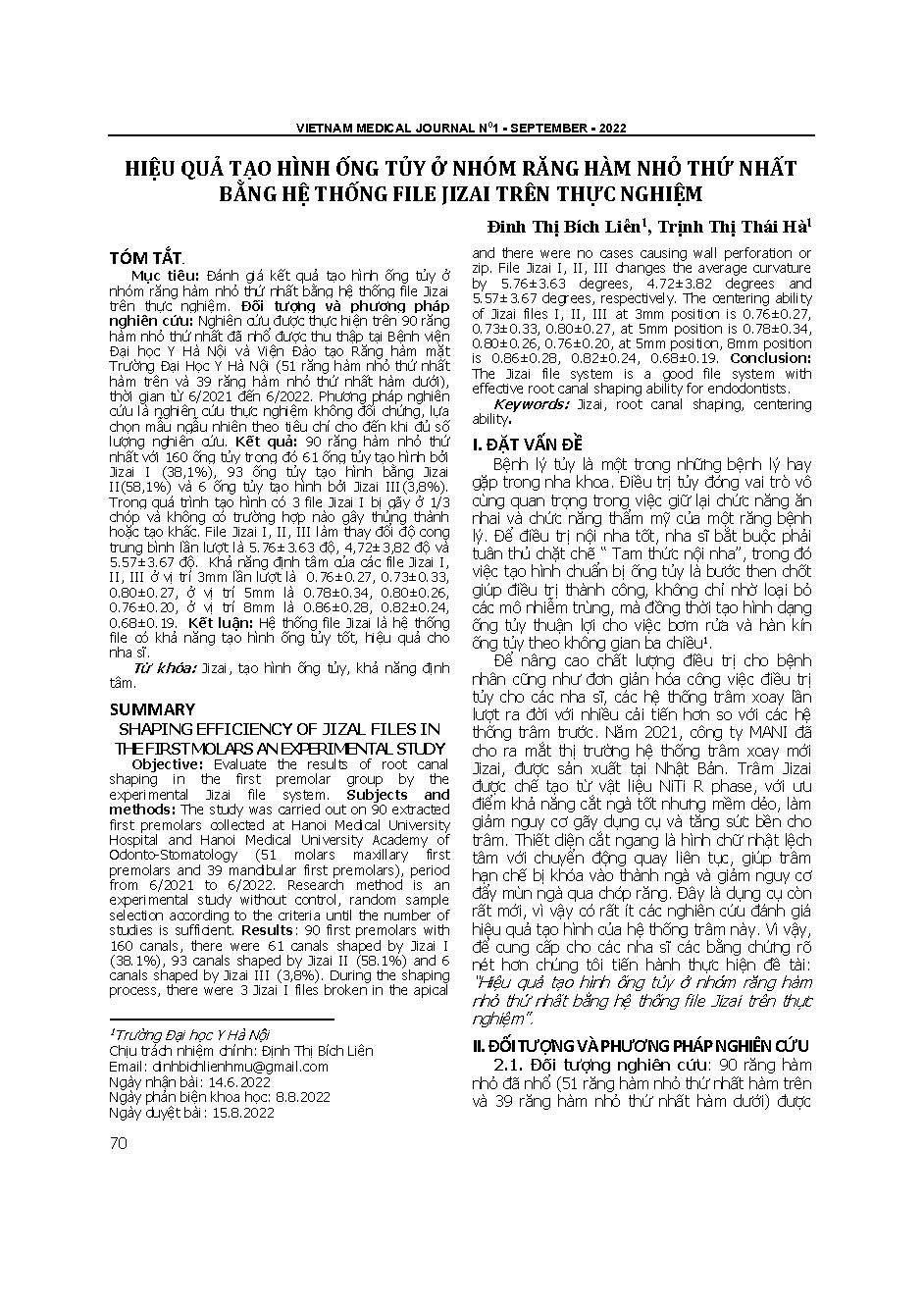 Hiệu quả tạo hình ống tủy ở nhóm răng hàm nhỏ thứ nhất bằng hệ thống File Jizai trên thực nghiệm