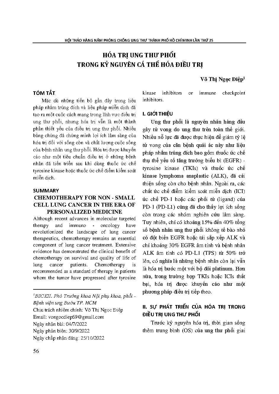 Hóa trị ung thư phổi trong kỷ nguyên cá thể hóa điều trị = Chemotherapy for non - small cell lung cancer in the era of personalized medicine