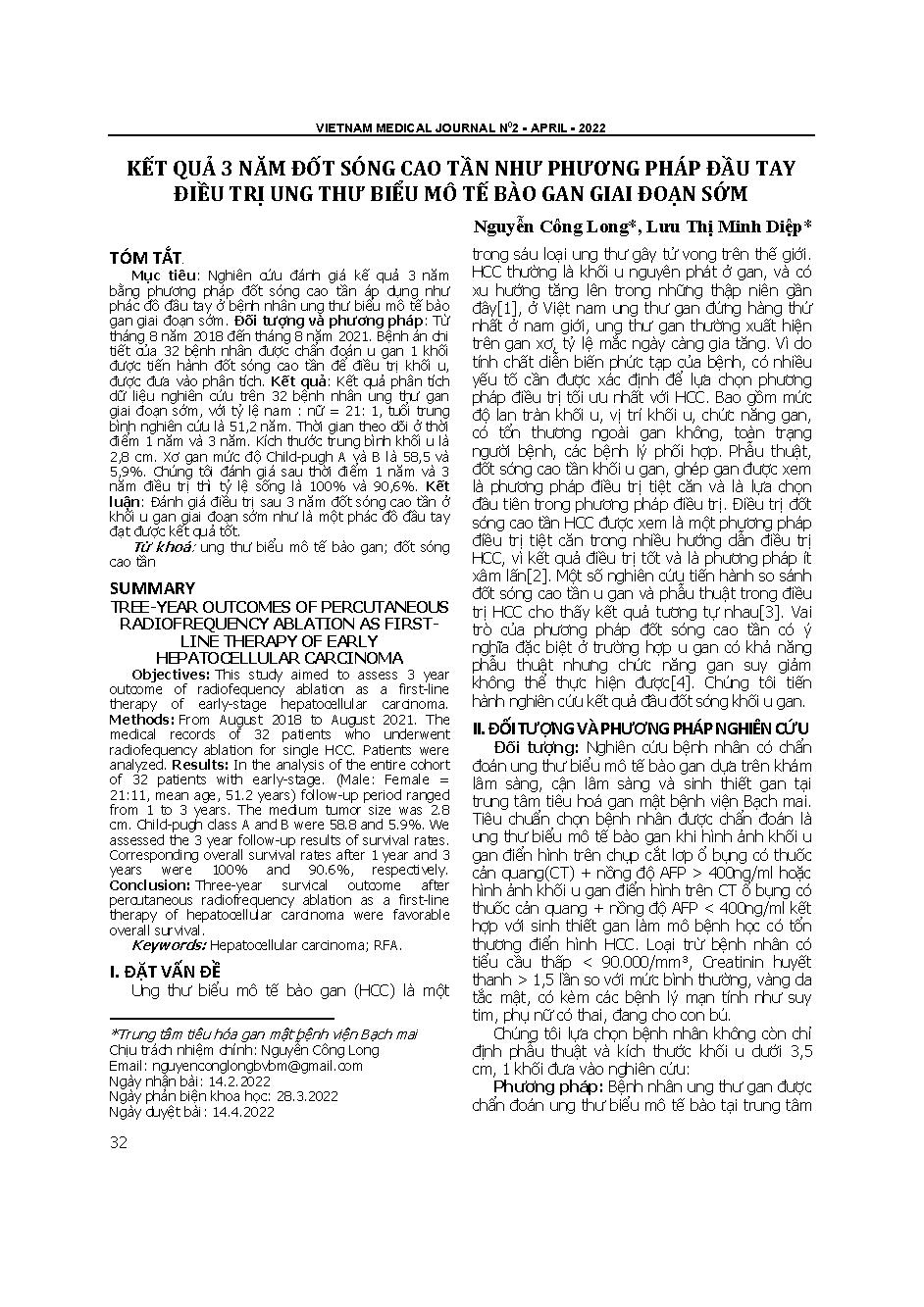 Kết quả 3 năm đốt sóng cao tần như phương pháp đầu tay điều trị ung thư biểu mô tế bào gan giai đoạn sớm = Tree-year outcomes of percutaneous radiofrequency ablation as first-line therapy of early hepatocellular carcinoma