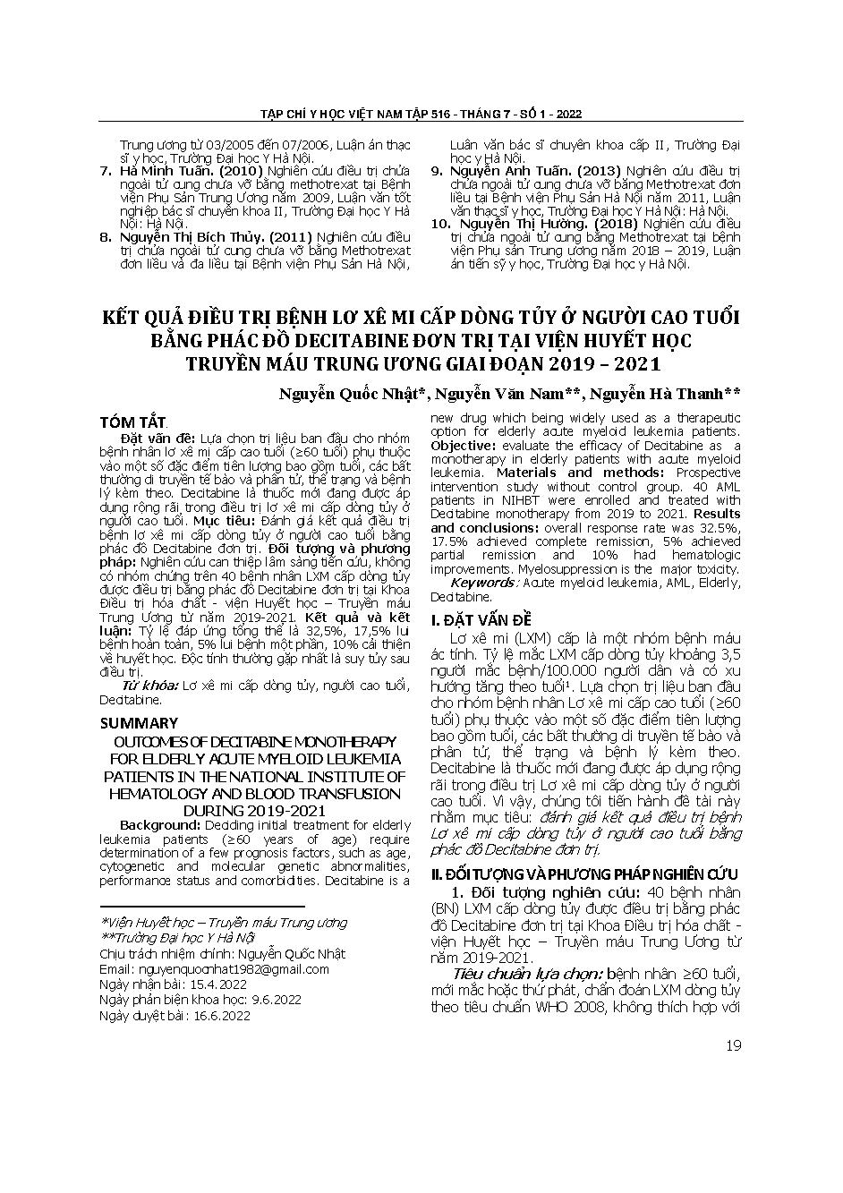 Kết quả điều trị bệnh lơ xê mi cấp dòng tủy ở người cao tuổi bằng phác đồ gemcitabine đơn trị tại Viện Huyết học và Truyền máu Trung ương giai đoạn 2019 – 2021 = Outcomes of decitabine monotherapy for elderly acute myeloid leukemia patients in the Nationa