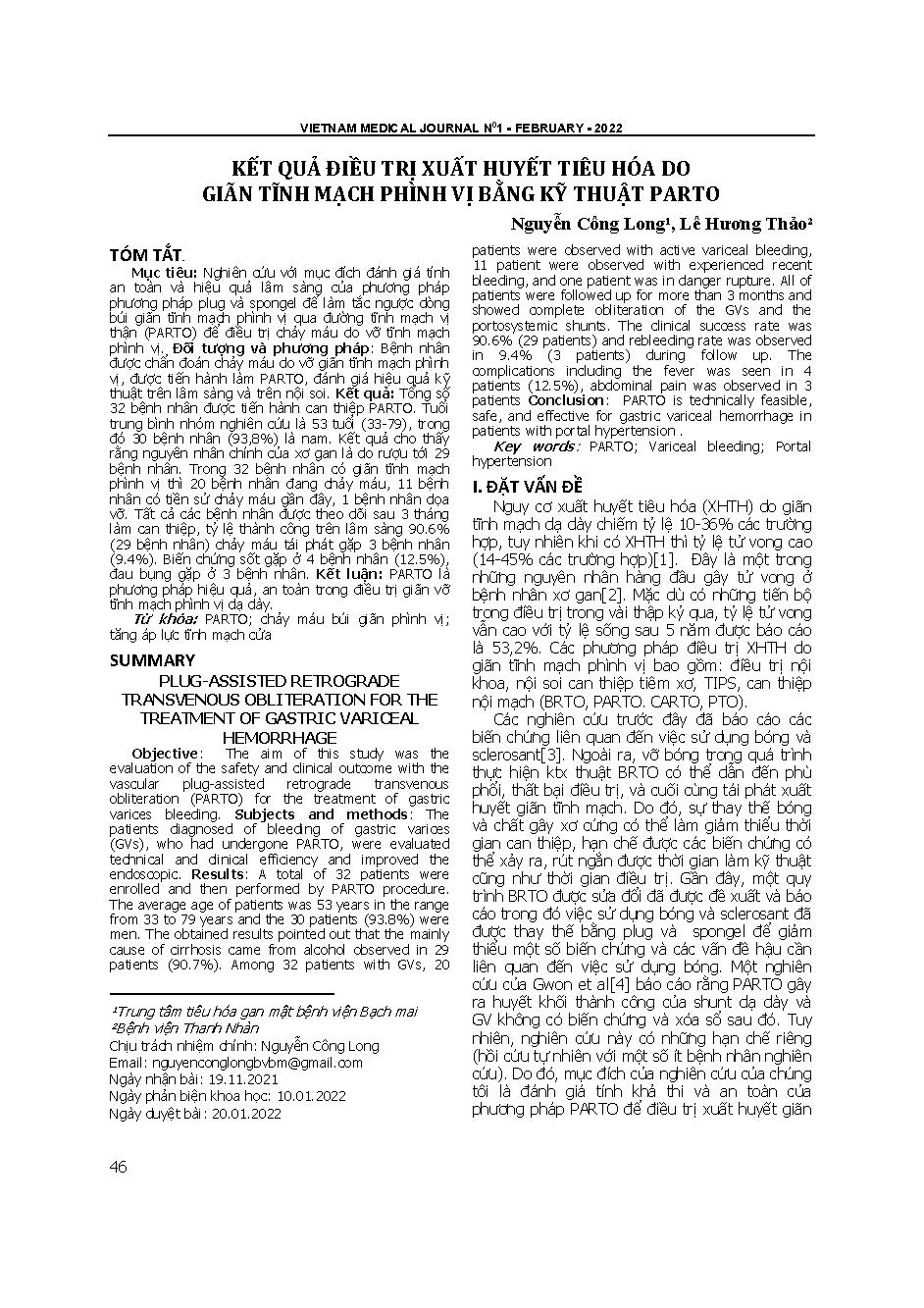 Kết quả điều trị xuất huyết tiêu hóa do giãn tĩnh mạch phình vị bằng kỹ thuật PARTO = Plug-assisted retrograde transvenous obliteration for the treatment of gastric variceal hemorrhage