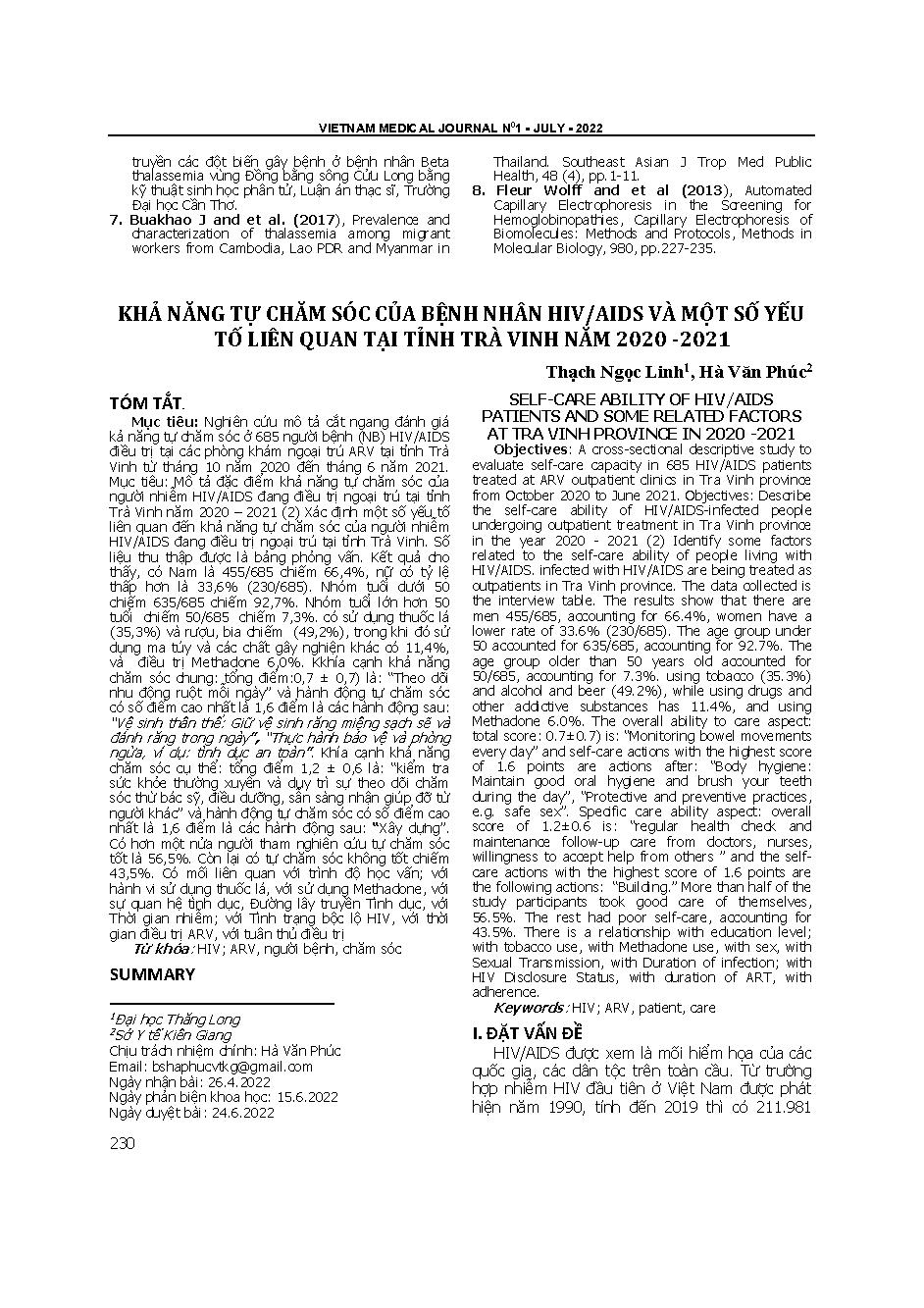 Khả năng tự chăm sóc của bệnh nhân HIV/AIDS và một số yếu tố liên quan tại tỉnh Trà Vinh năm 2020 -2021 = Self-care ability of HIV/AIDS patients and some related factors at Tra Vinh province in 2020 -2021