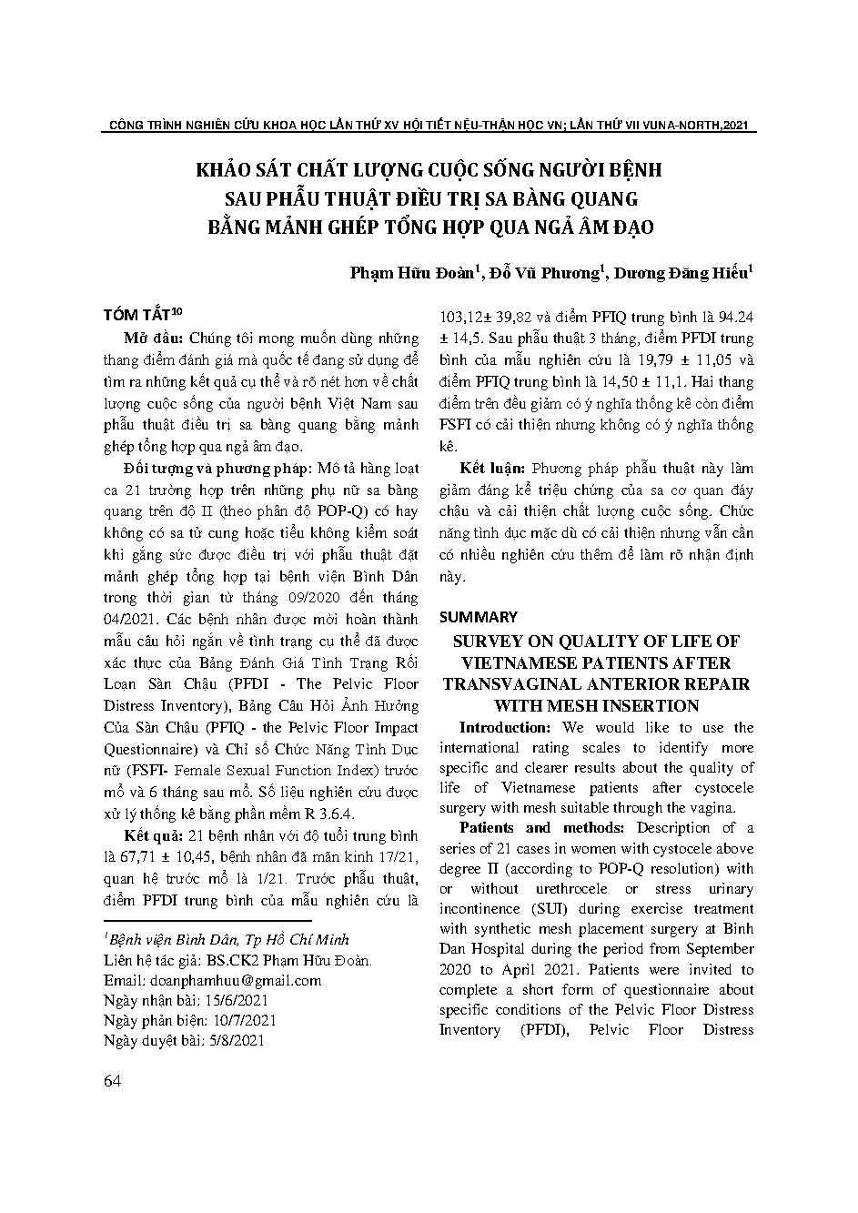 Khảo sát chất lượng cuộc sống người bệnh sau phẫu thuật điều trị sa bàng quang bằng mảnh ghép tổng hợp qua ngả âm đạo