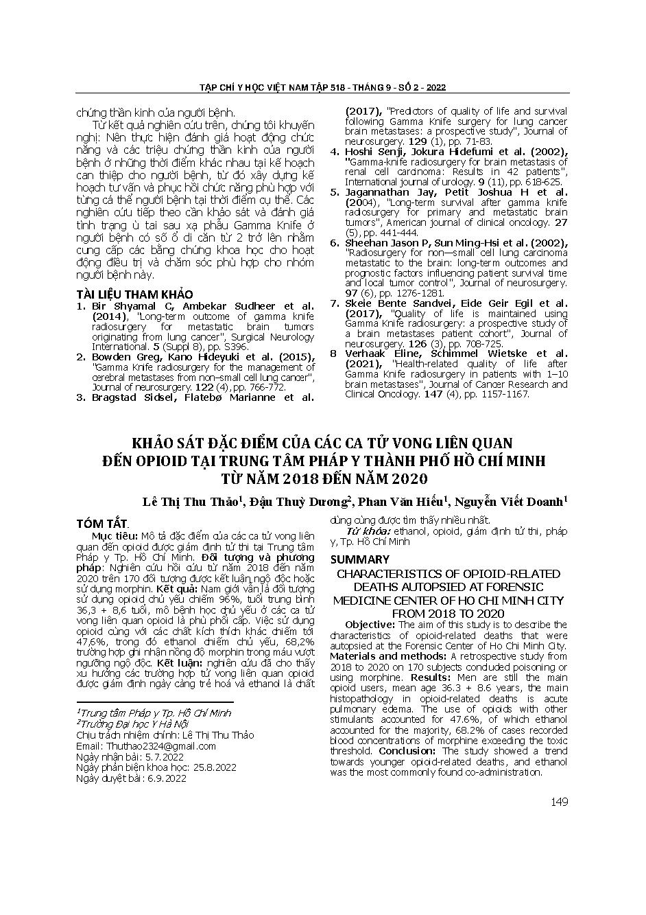 Khảo sát đặc điểm của các ca tử vong liên quan đến opioid tại Trung tâm pháp y thành phố Hồ Chí Minh từ năm 2018 đến năm 2020