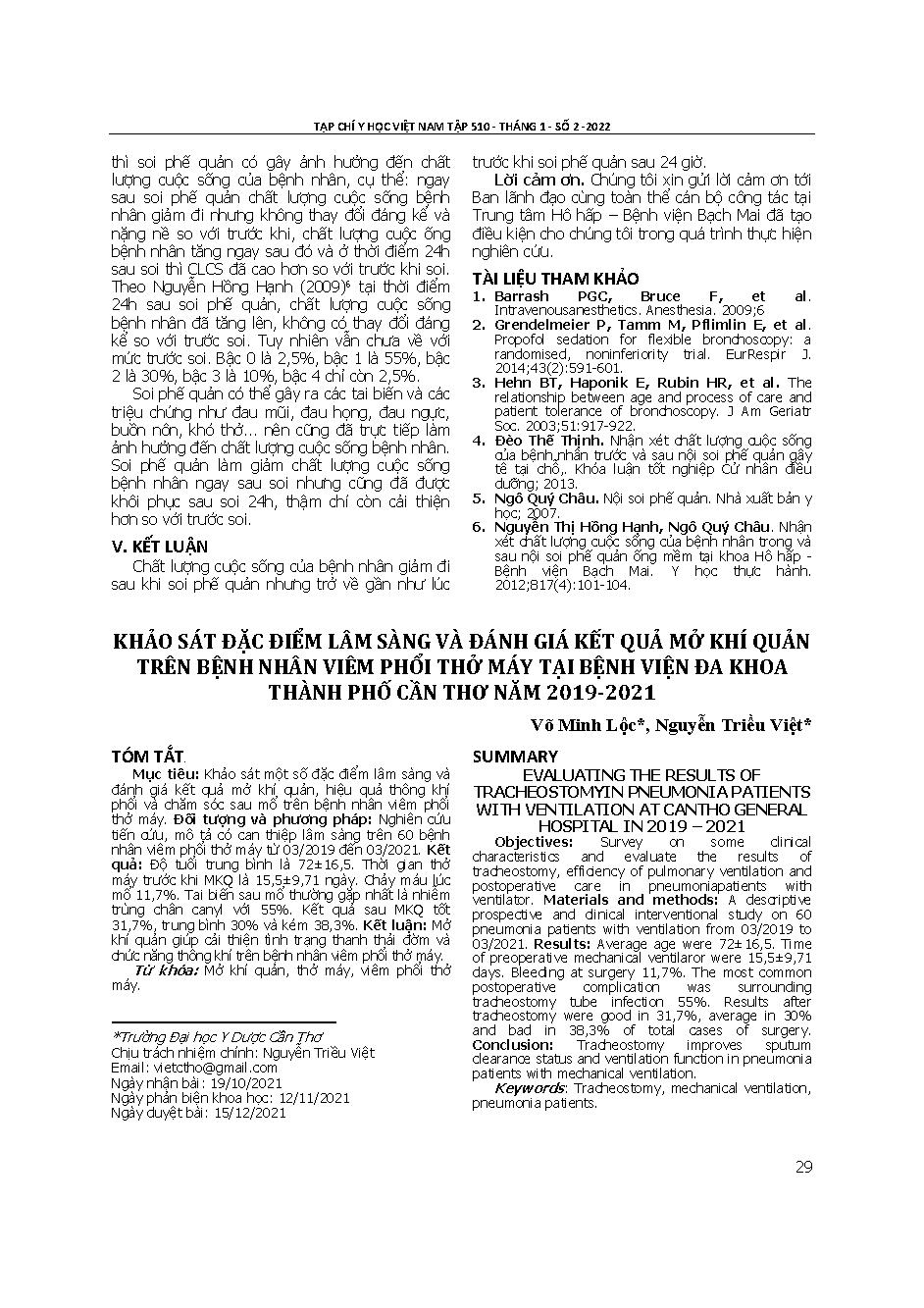 Khảo sát đặc điểm lâm sàng và đánh giá kết quả mở khí quản trên bệnh nhân viêm phổi thở máy tại Bệnh viện Đa khoa thành phố Cần Thơ năm 2019-2021 = Evaluating the results of tracheostomy in pneumonia patients with ventilation at Can Tho general hospital i
