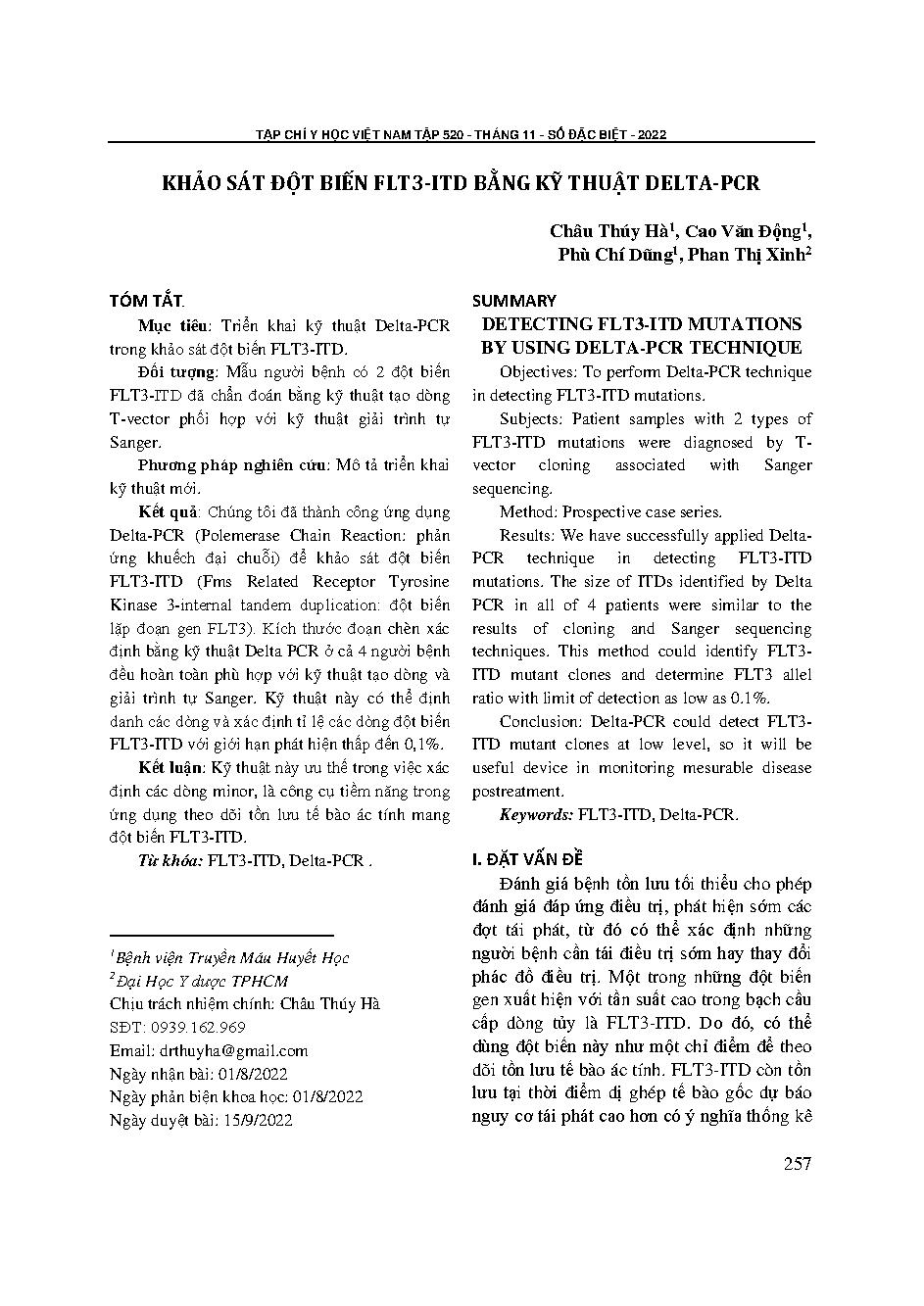 Khảo sát đột biến FLT3-ITD bằng kỹ thuật Delta-PCR = Detecting FLT3-ITD mutations by using Delta-PCRT technique
