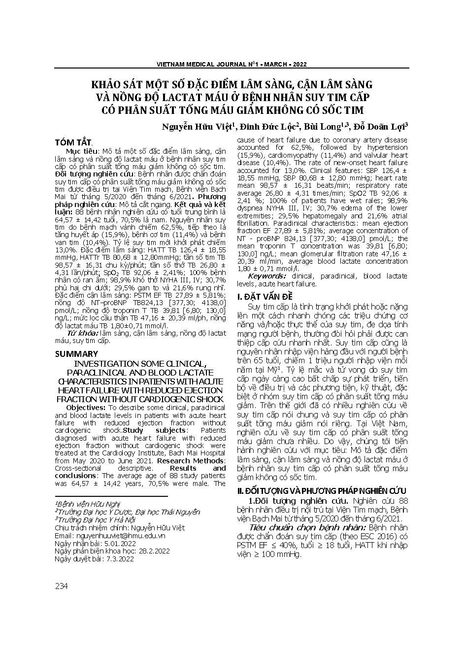 Khảo sát một số đặc điểm lâm sàng, cận lâm sàng và nồng độ lactat máu ở bệnh nhân suy tim cấp có phân suất tống máu giảm không có sốc tim = Investigation some clinical, paraclinical and blood lactate characteristics in patients with acute heart failure wi