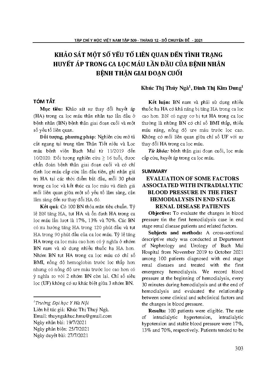 Khảo sát một số yếu tố liên quan đến tình trạng huyết áp trong ca lọc máu lần đầu của bệnh nhân bệnh thận giai đoạn cuối