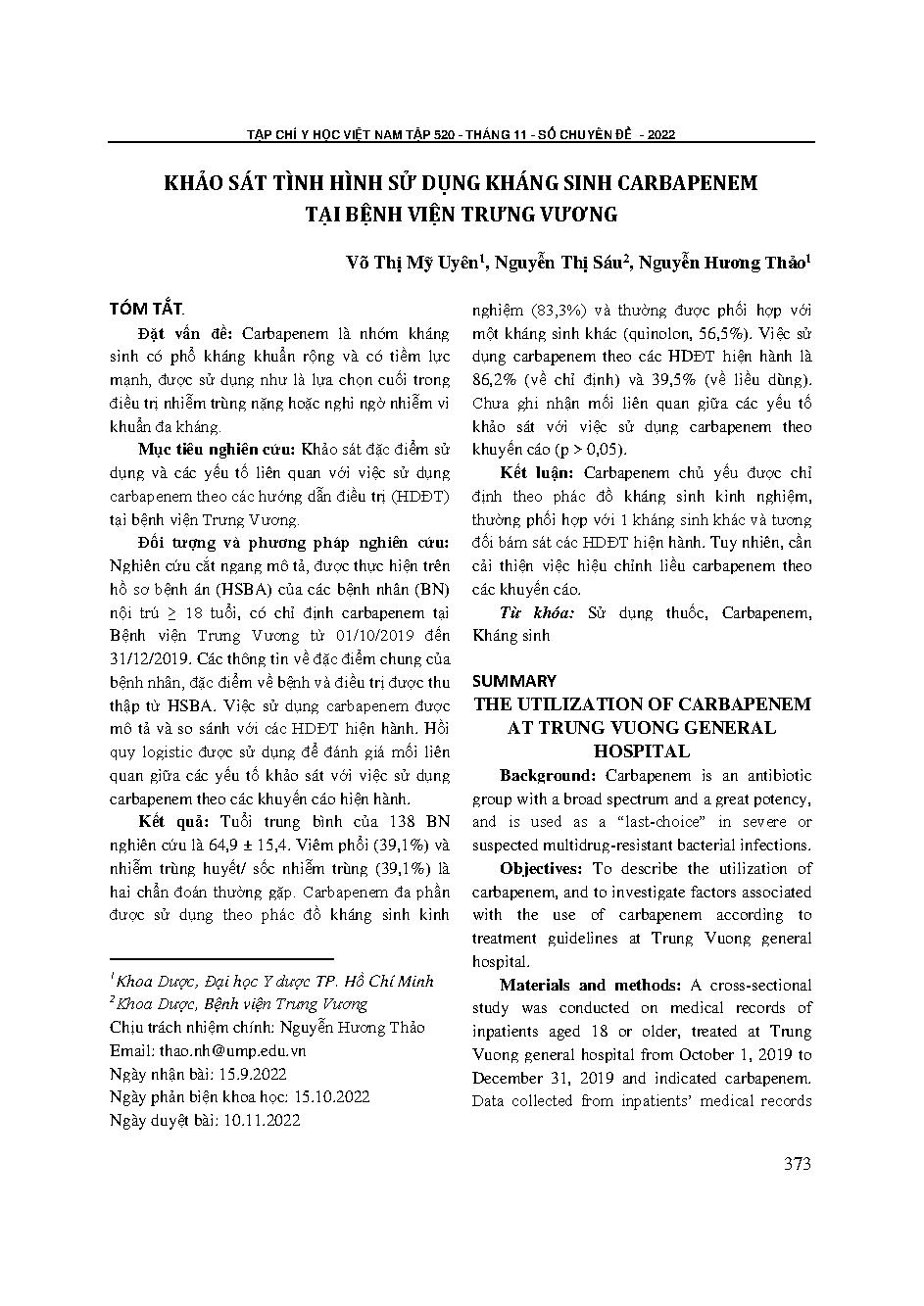 Khảo sát tình hình sử dụng kháng sinh carbapenem tại Bệnh viện Trưng Vương = The utilization of carbapenem at Trung Vuong general hospital