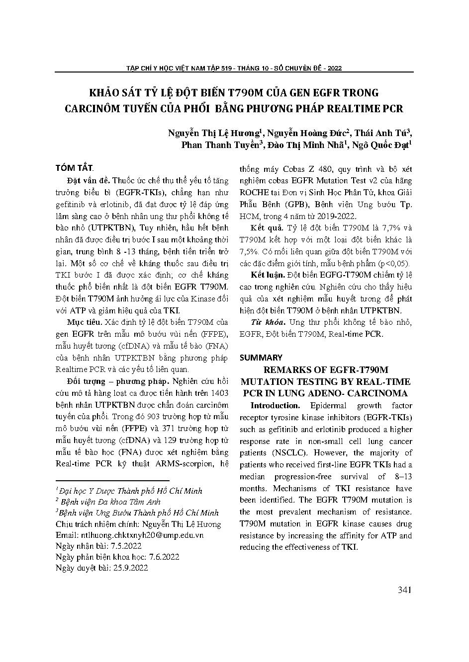 Khảo sát tỷ lệ đột biến T790M của gen EGFR trong carcinôm tuyến của phổi bằng phương pháp Realtime PCR = Remarks of EGFR-T790M mutation testing by Real-time PCR in lung adeno- carcinoma
