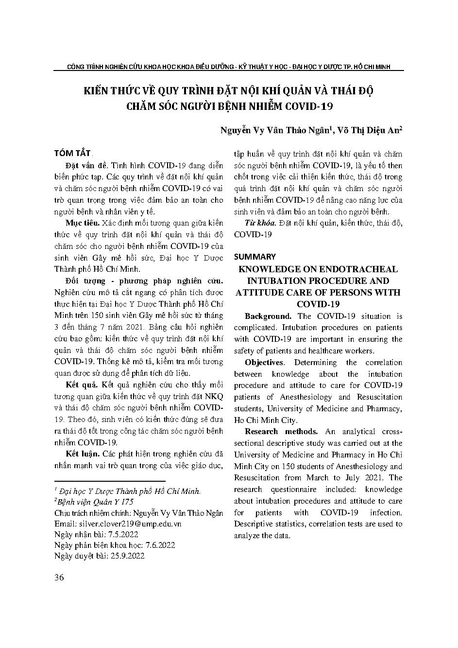 Kiến thức về quy trình đặt nội khí quản và thái độ chăm sóc người bệnh nhiễm Covid-19 = Knowledge on endotracheal intubation procedure and attitude care of persons with Covid-19