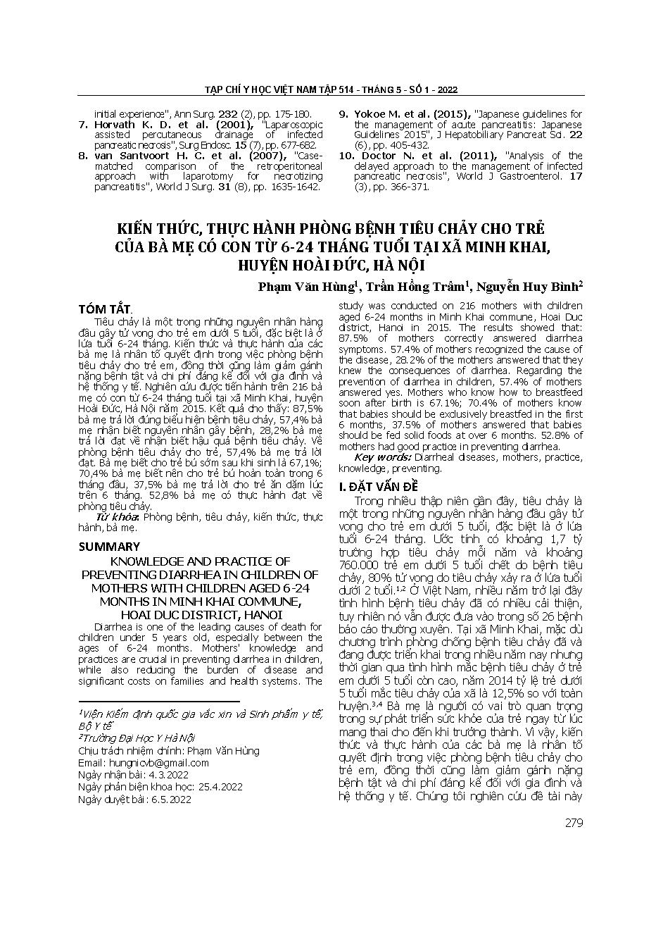 Kiến thức, thực hành phòng bệnh tiêu chảy cho trẻ của bà mẹ có con từ 6-24 tháng tuổi tại xã Minh Khai, huyện Hoài Đức, Hà Nội = Knowledge and practice of preventing diarrhea in children of mothers with children aged 6-24 months in Minh Khai commune, Hoai