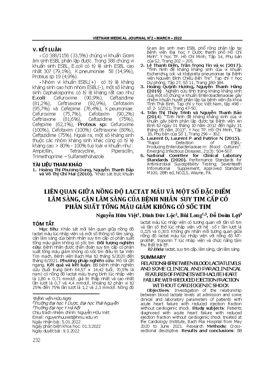 Liên quan giữa nồng độ lactat máu và một số đặc điểm lâm sàng, cận lâm sàng của bệnh nhân suy tim cấp có phân suất tống máu giảm không có sốc tim = Relationship between blood lactate levels and some clinical and paraclinical features of patients with acut