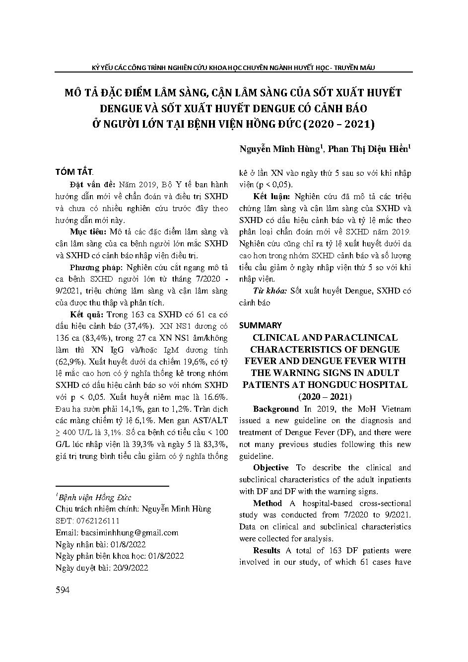 Mô tả đặc điểm lâm sàng, cận lâm sàng của sốt xuất huyết dengue và sốt xuất huyết dengue có cảnh báo ở người lớn tại Bệnh viện Hồng Đức (2020 – 2021) = Clinical and paraclinical characteristics of dengue fever and dengue fever with the warning signs in ad