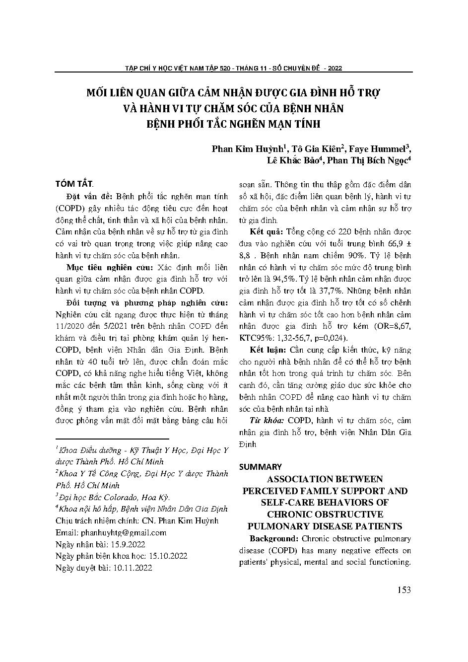 Mối liên quan giữa cảm nhận được gia đình hỗ trợ và hành vi tự chăm sóc của bệnh nhân bệnh phổi tắc nghẽn mạn tính = Association between perceived family support and self-care behaviors of chronic obstructive pulmonary disease patients