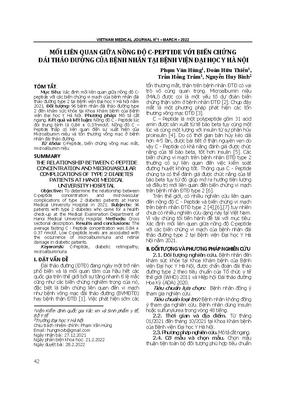 Mối liên quan giữa nồng độ C-peptide với biến chứng đái tháo đường của bệnh nhân tại Bệnh viện Đại học Y Hà Nội = The relationship between C-peptide concentration and microvascular complications of type 2 diabetes patients at Hanoi medical university hosp