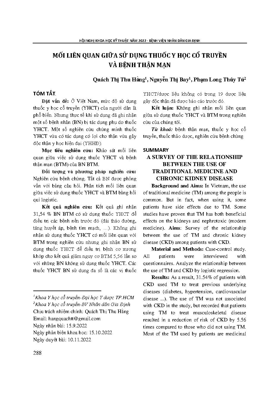 Mối liên quan giữa sử dụng thuốc y học cổ truyền và bệnh thận mạn = A survey of the relationship between the use of traditional medicine and chronic kidney disease
