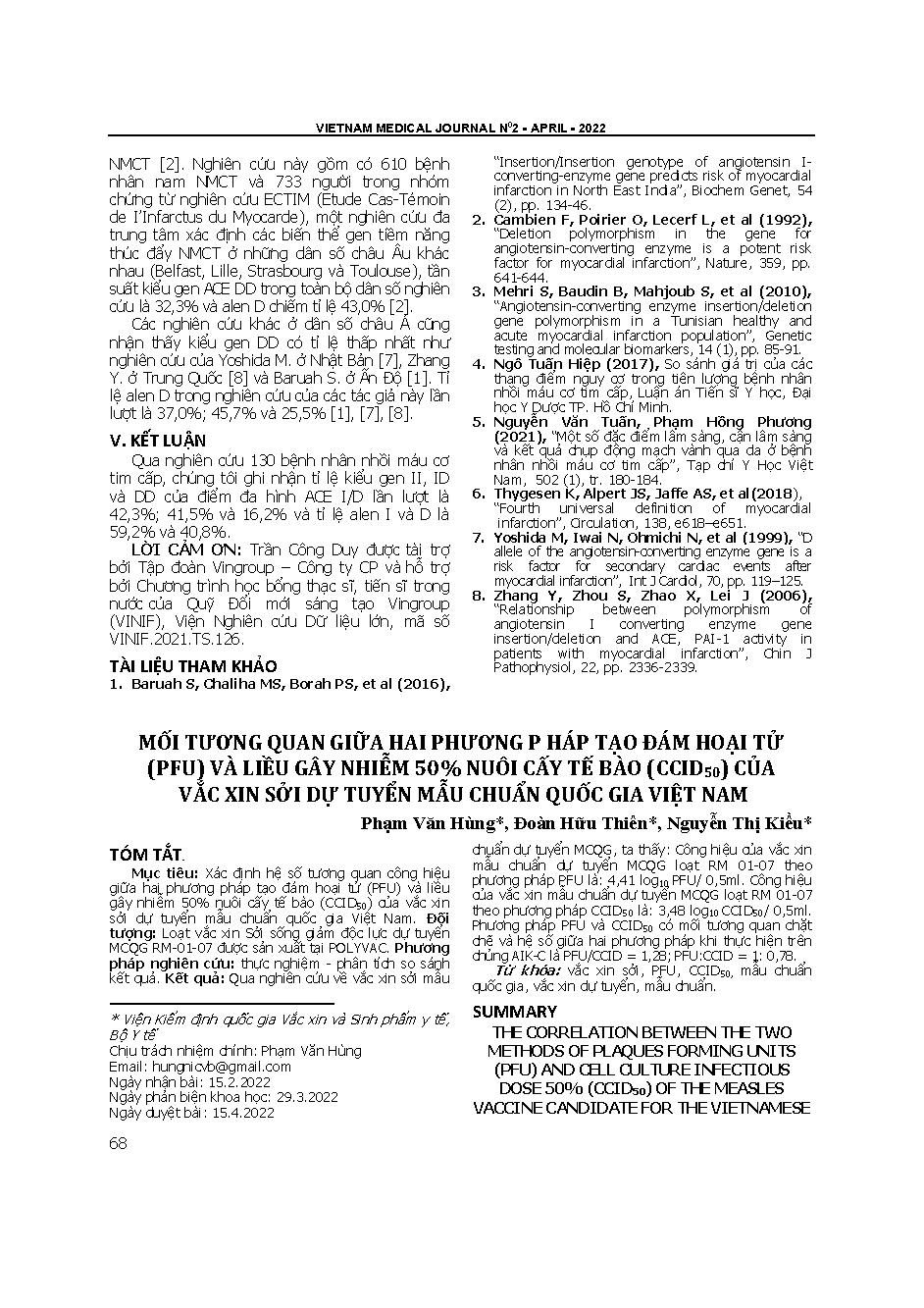 Mối tương quan giữa hai phương pháp tạo đám hoại tử (PFU) và liều gây nhiễm 50% nuôi cấy tế bào (CCID50) của vắc xin sởi dự tuyển mẫu chuẩn quốc gia Việt Nam = The correlation between the two methods of plaques forming units (PFU) and cell culture infecti
