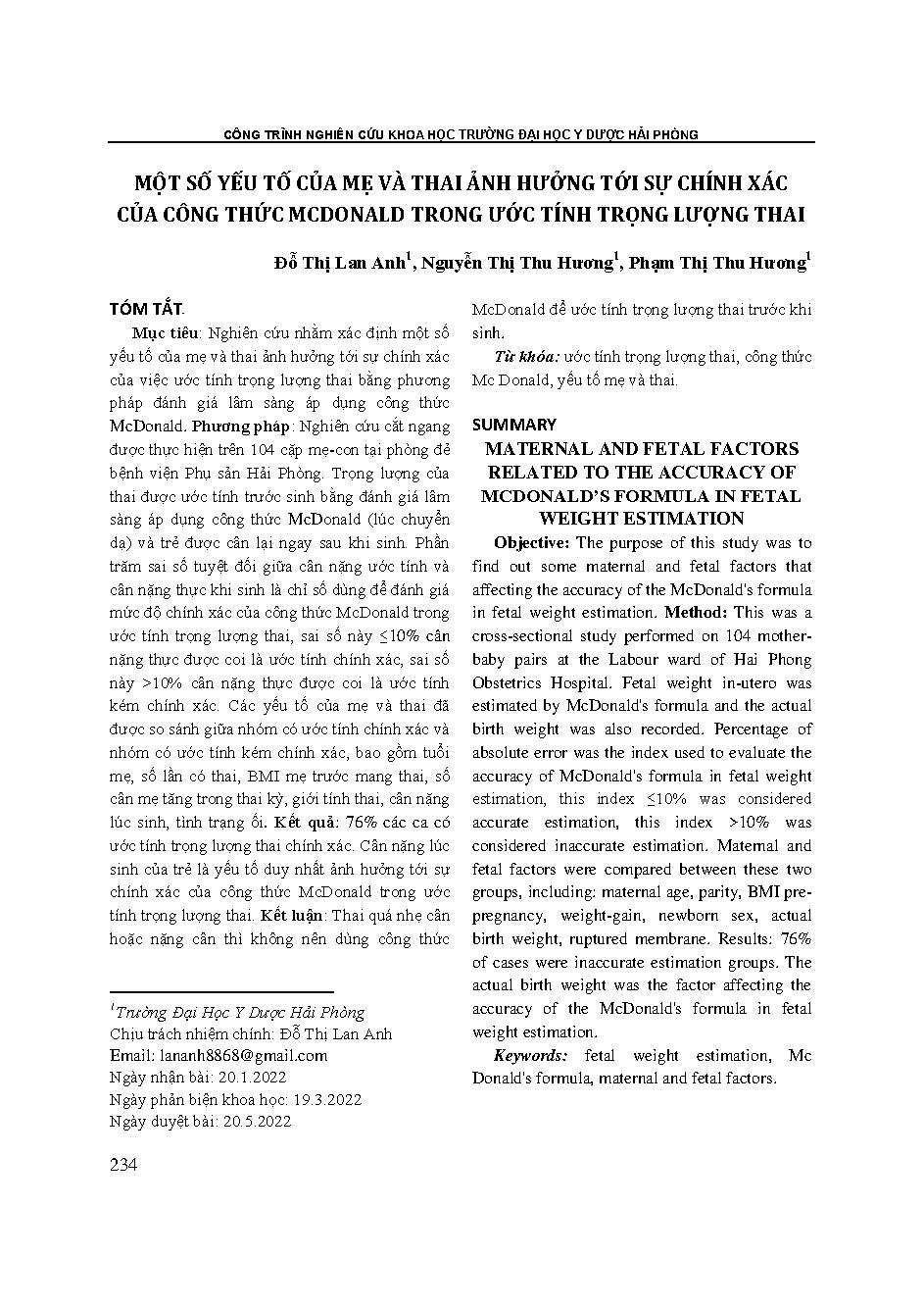 Một số yếu tố của mẹ và thai ảnh hưởng tới sự chính xác của công thức mcdonald trong ước tính trọng lượng thai = Maternal and fetal factors related to the accuracy of mcdonald’s formula in fetal weight estimation