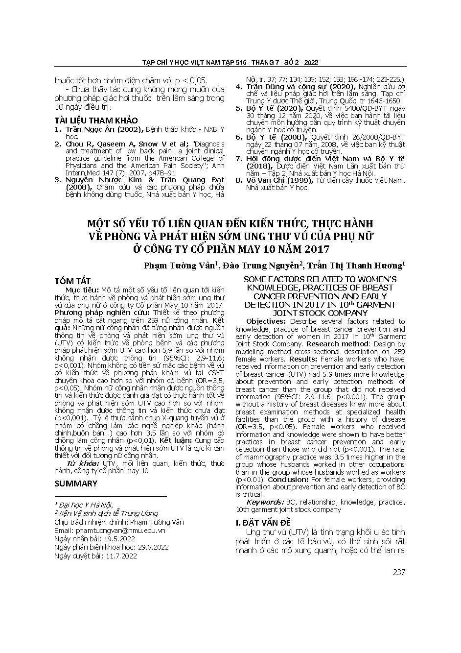 Một số yếu tố liên quan đến kiến thức, thực hành về phòng và phát hiện sớm ung thư vú của phụ nữ ở Công ty Cổ phần May 10 năm 2017 = Some factors related to women’s knowledge, practices of breast cancer prevention and early detection in 2017 in 10th garme