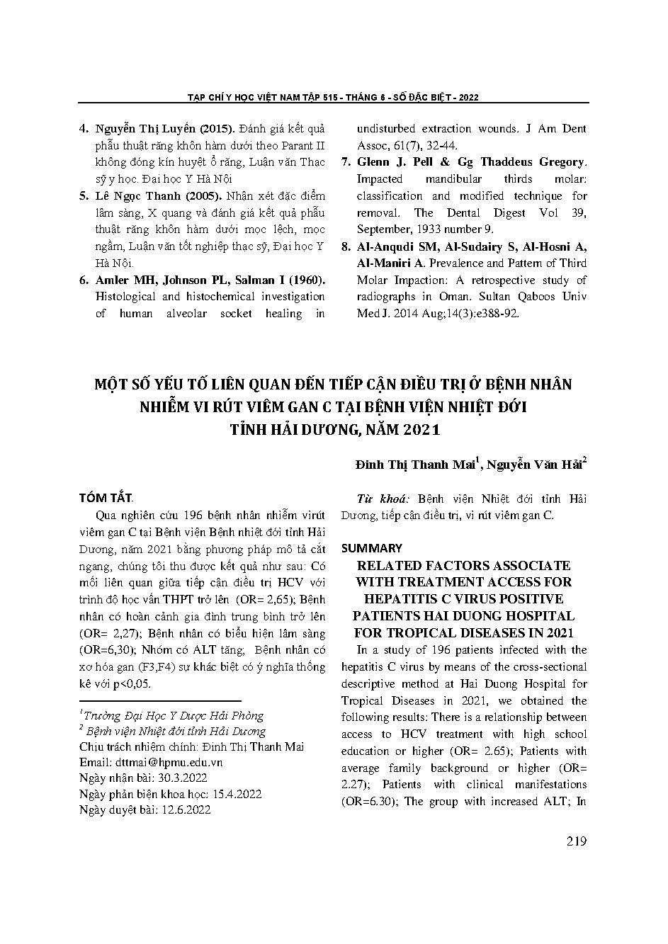 Một số yếu tố liên quan đến tiếp cận điều trị ở bệnh nhân nhiễm vi rút viêm gan C tại Bệnh viện Nhiệt đới tỉnh Hải Dương, năm 2021 = Related factors associate with treatment access for hepatitis C virus positive patients Hai Duong hospital for tropical di