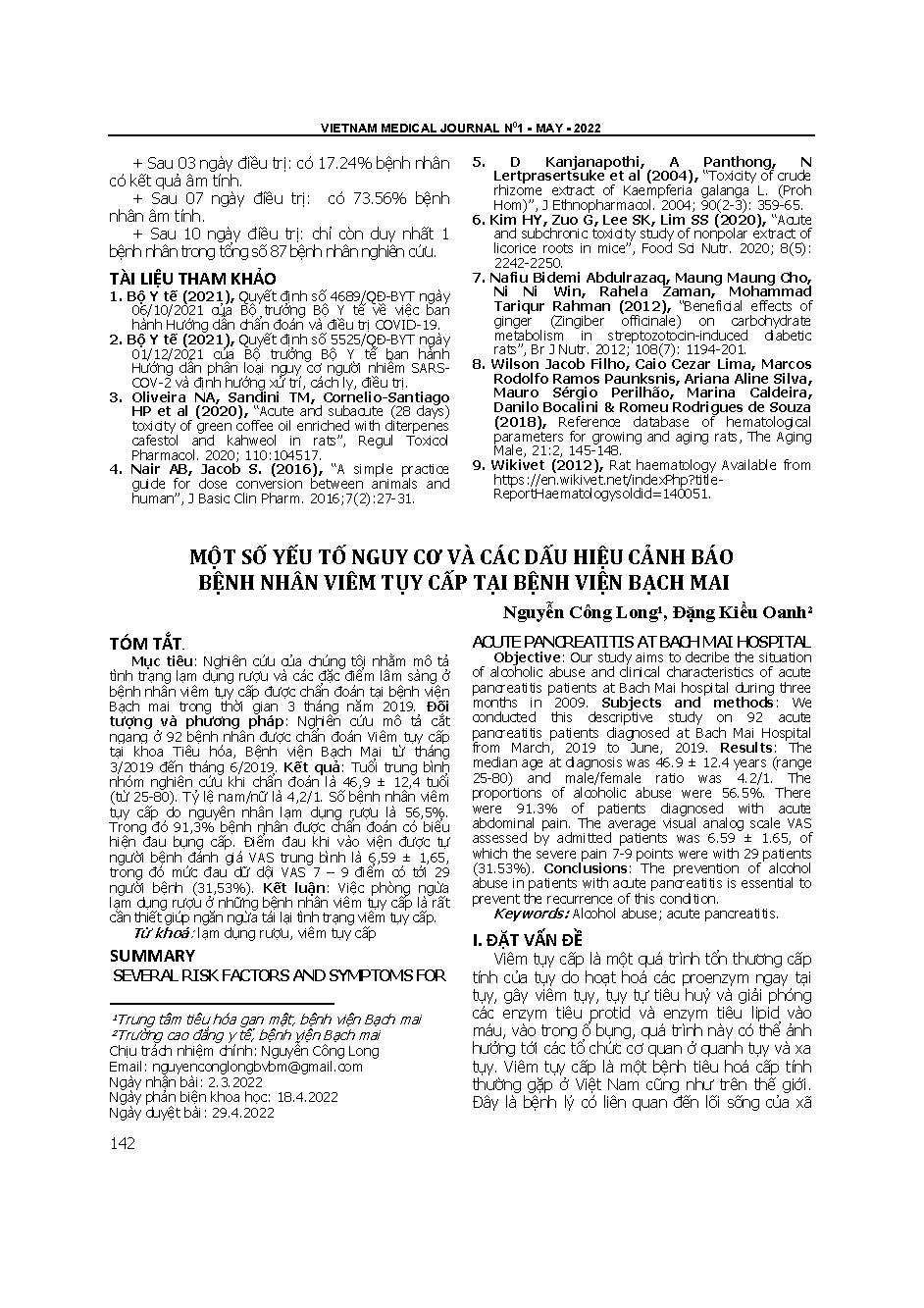 Một số yếu tố nguy cơ và các dấu hiệu cảnh báo bệnh nhân viêm tụy cấp tại Bệnh viện Bạch Mai = Several risk factors and symptoms for acute pancreatitis at Bach Mai hospital