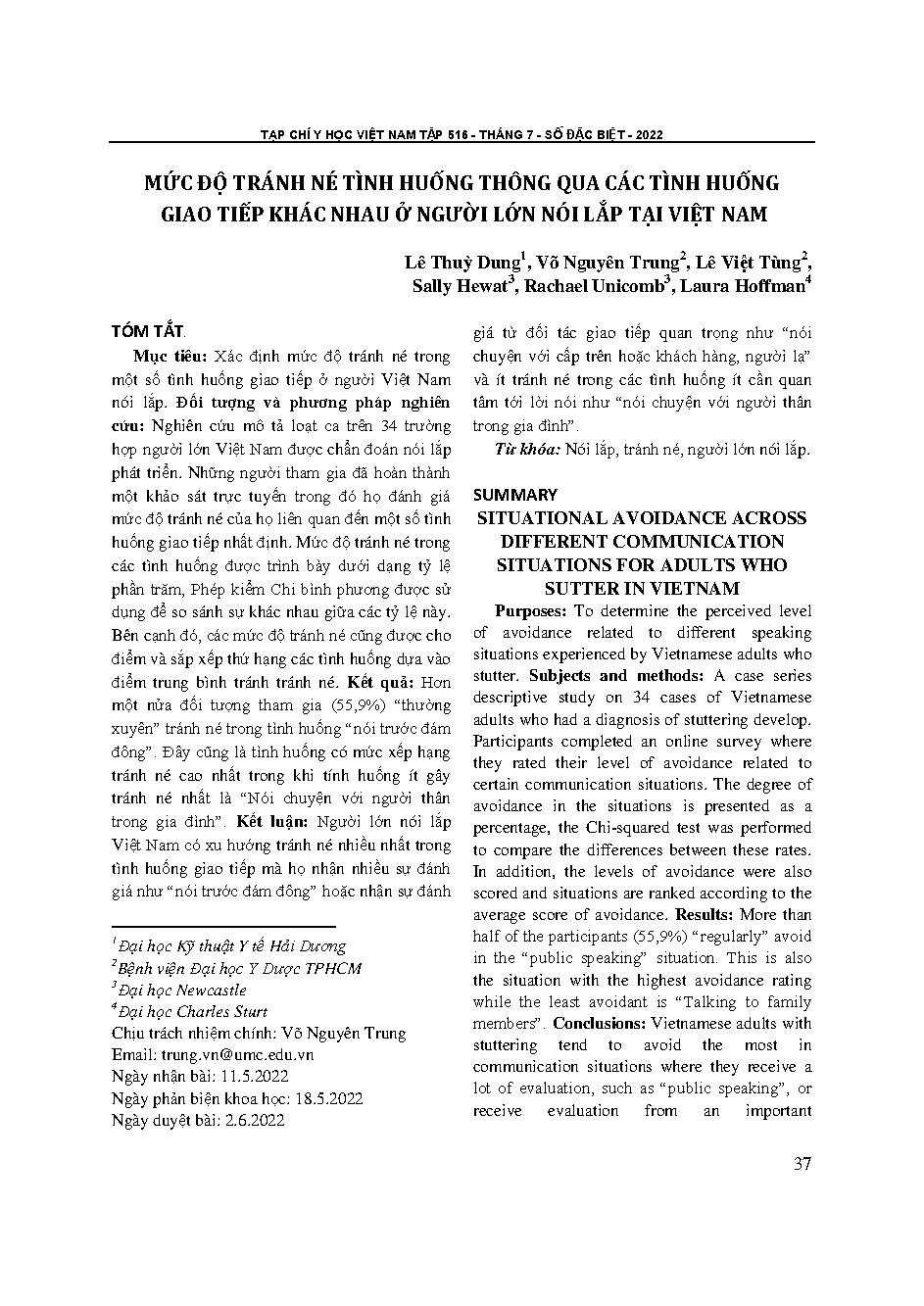 Mức độ tránh né tình huống thông qua các tình huống giao tiếp khác nhau ở người lớn nói lắp tại Việt Nam = Situational avoidance across different communication situations for adults who stutter in Vietnam