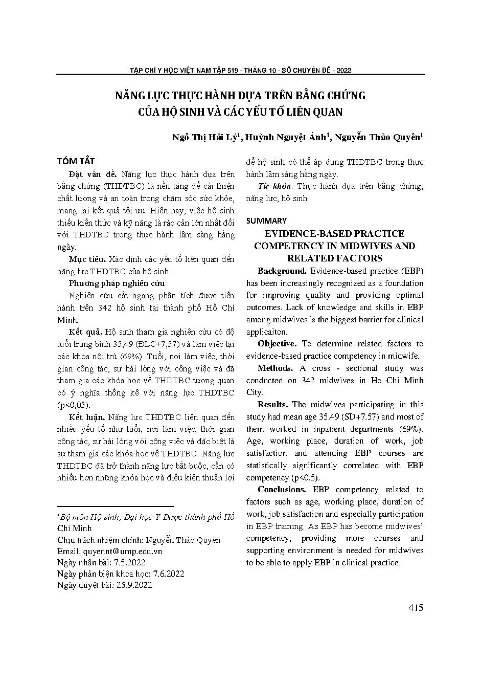 Năng lực thực hành dựa trên bằng chứng của hộ sinh và các yếu tố liên quan = Evidence-based practice competency in midwives and related factors