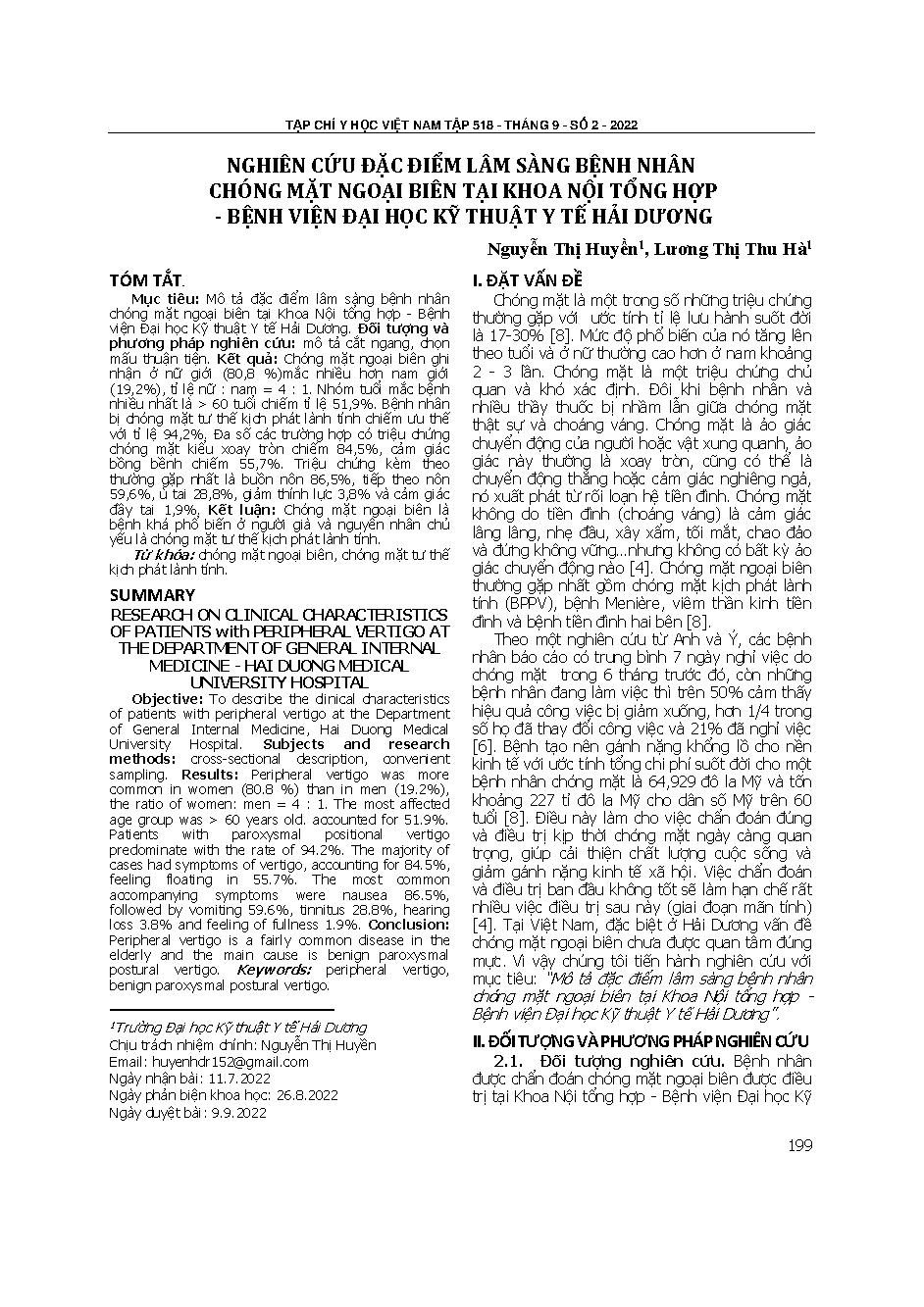 Nghiên cứu đặc điểm lâm sàng bệnh nhân chóng mặt ngoại biên tại Khoa Nội tổng hợp - Bệnh viện Đại học Kỹ thuật Y tế Hải Dương