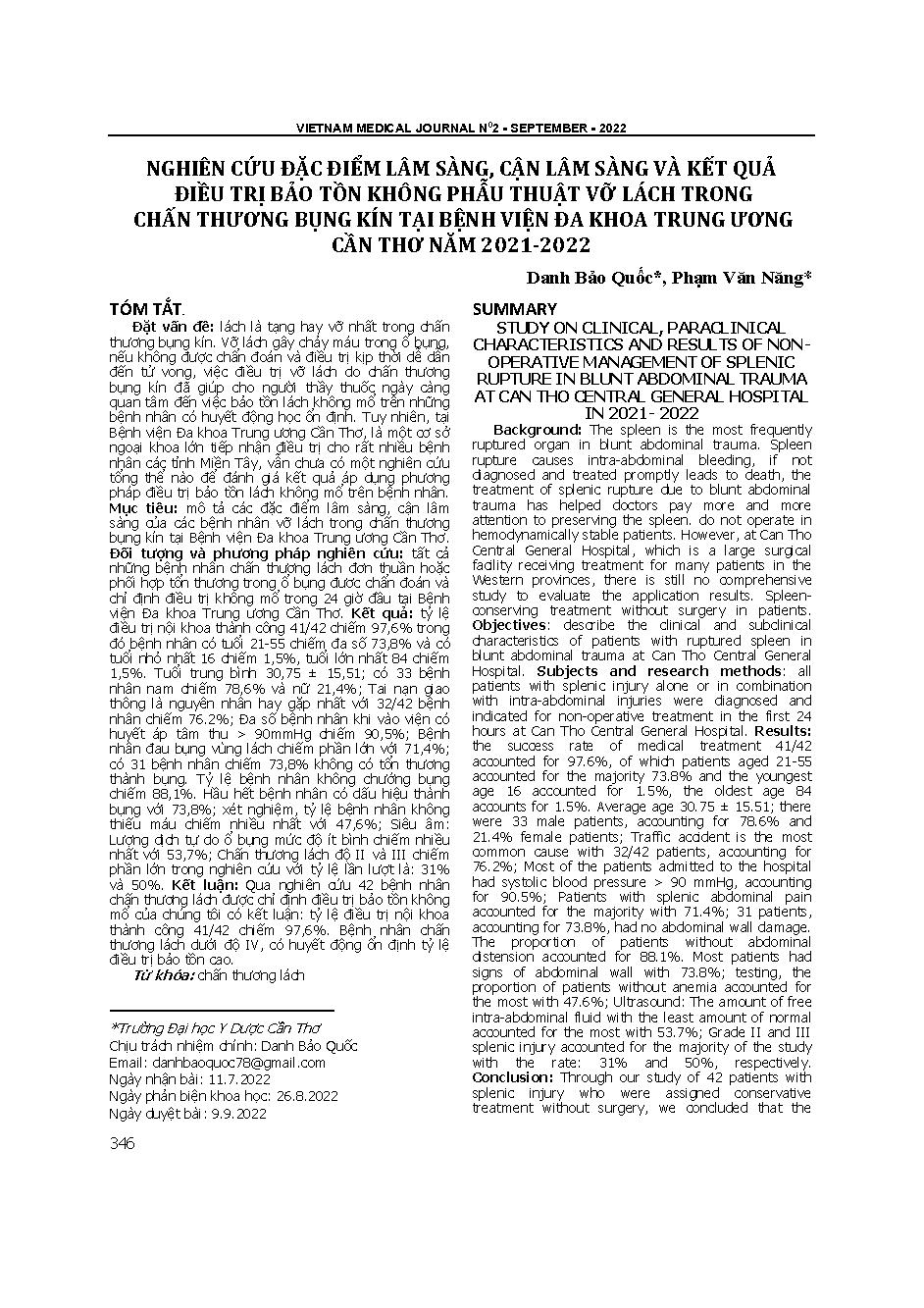 Nghiên cứu đặc điểm lâm sàng, cận lâm sàng và kết quả điều trị bảo tồn không phẫu thuật vỡ lách trong chấn thương bụng kín tại Bệnh viện Đa khoa Trung ương Cần Thơ năm 2021-2022