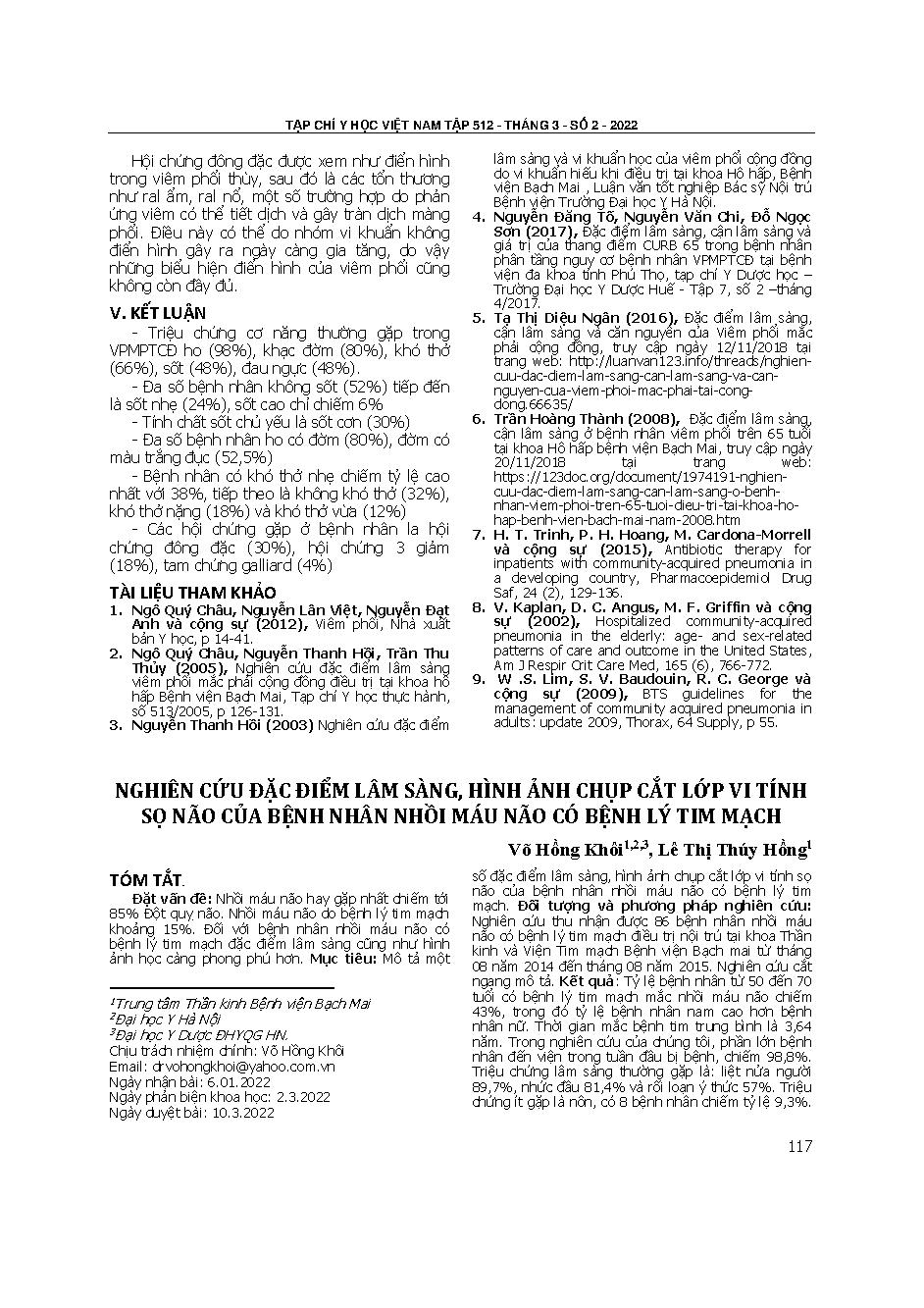 Nghiên cứu đặc điểm lâm sàng, hình ảnh chụp cắt lớp vi tính sọ não của bệnh nhân nhồi máu não có bệnh lý tim mạch = Clinical characteristics and computerized tomography of cerebral infarction in patients with cardiovascular disease