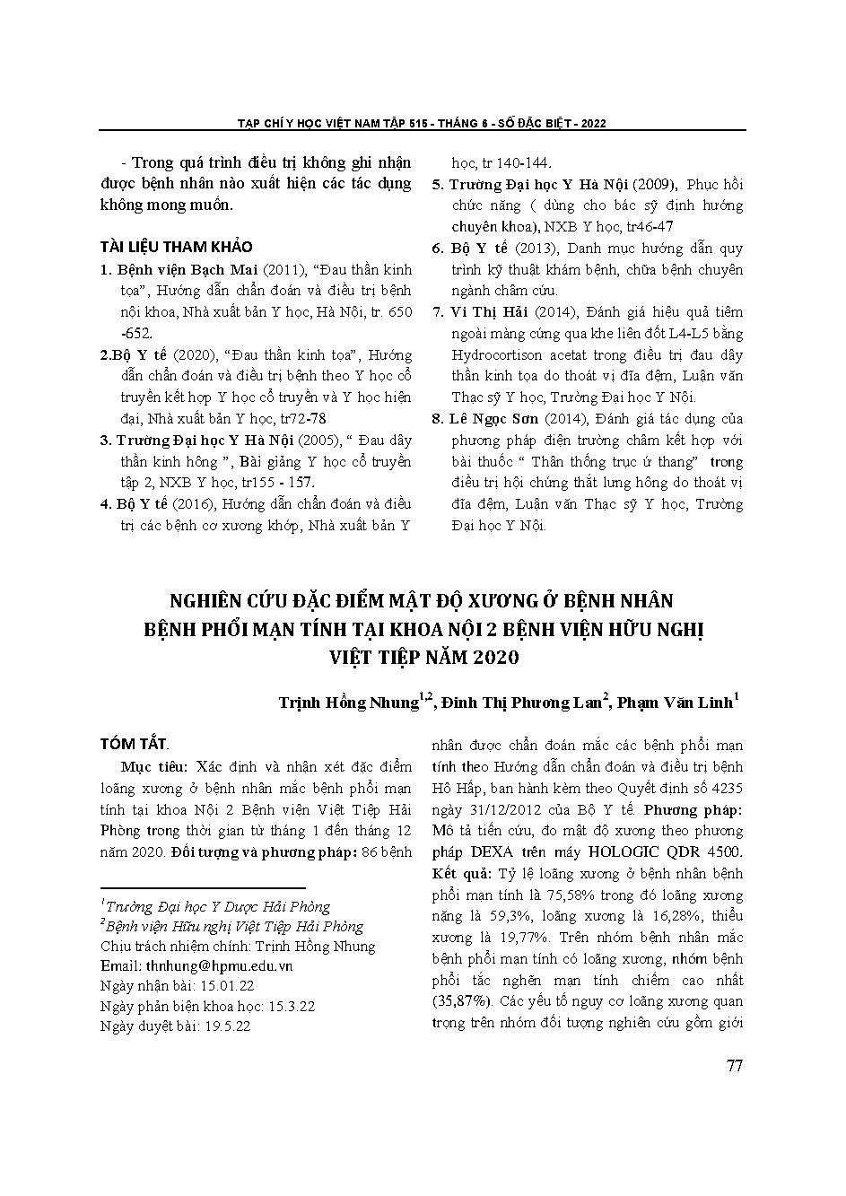Nghiên cứu đặc điểm mật độ xương ở bệnh nhân bệnh phổi mạn tính tại Khoa nội 2 Bệnh viện Hữu nghị Việt Tiệp năm 2020 = Characteristics of osteoporosis in patient with chronic pulmonary diseases at internal medicine department no2 of Viet-Tiep friendship h