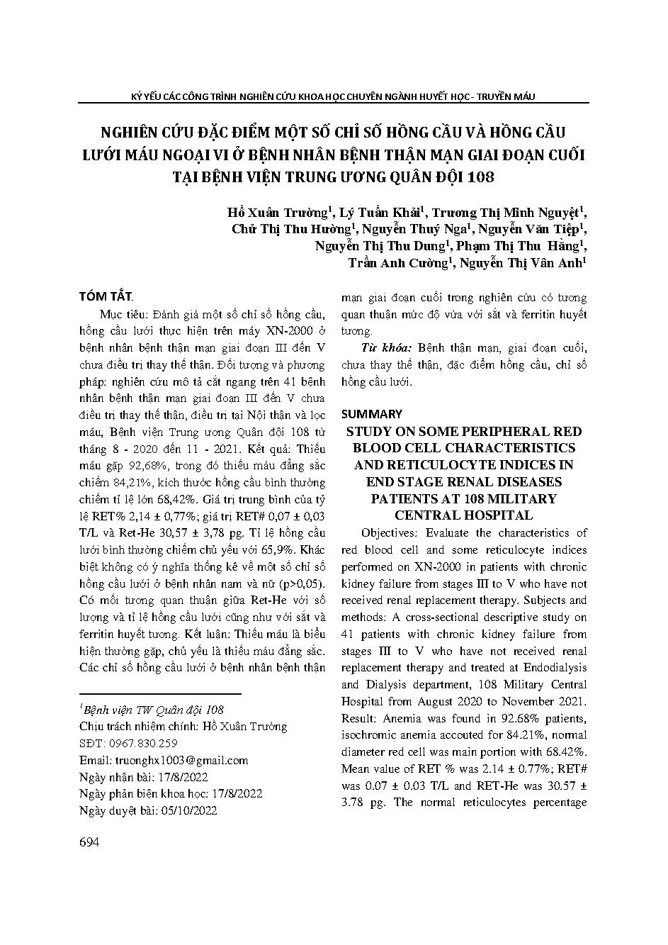 Nghiên cứu đặc điểm một số chỉ số hồng cầu và hồng cầu lưới máu ngoại vi ở bệnh nhân bệnh thận mạn giai đoạn cuối tại Bệnh viện Trung ương Quân đội 108 = Study on some peripheral red blood cell characteristics and reticulocyte indices in end stage renal d