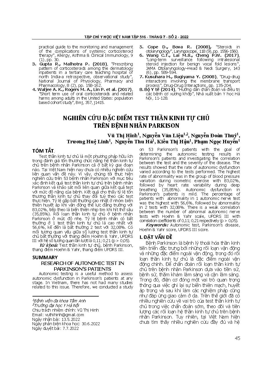 Nghiên cứu đặc điểm test thần kinh tự chủ trên bệnh nhân parkinson = Research of autonomic test in parkinson’s patients