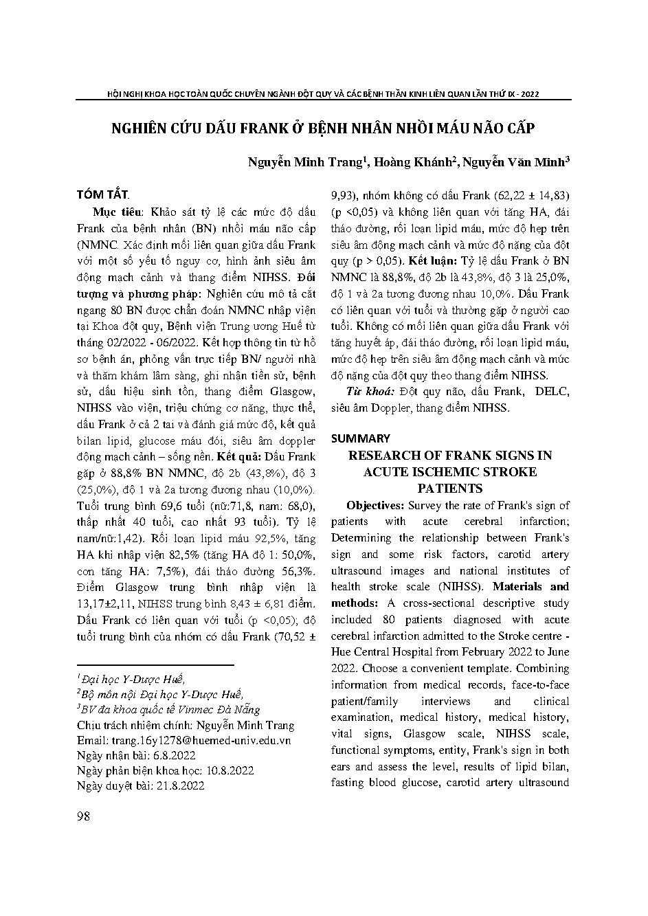 Nghiên cứu dấu Frank ở bệnh nhân nhồi máu não cấp = Research of Frank signs in acute ischemic stroke patients