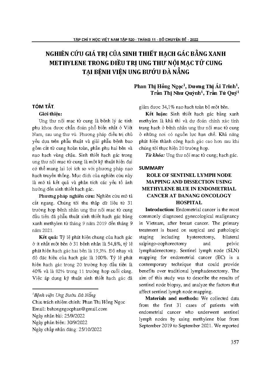 Nghiên cứu giá trị của sinh thiết hạch gác bằng xanh methylene trong điều trị ung thư nội mạc tử cung tại Bệnh viện Ung bướu Đà Nẵng = Role of sentinel lymph node mapping and dissection using methylene blue in endometrial cancer at Danang oncology hospita