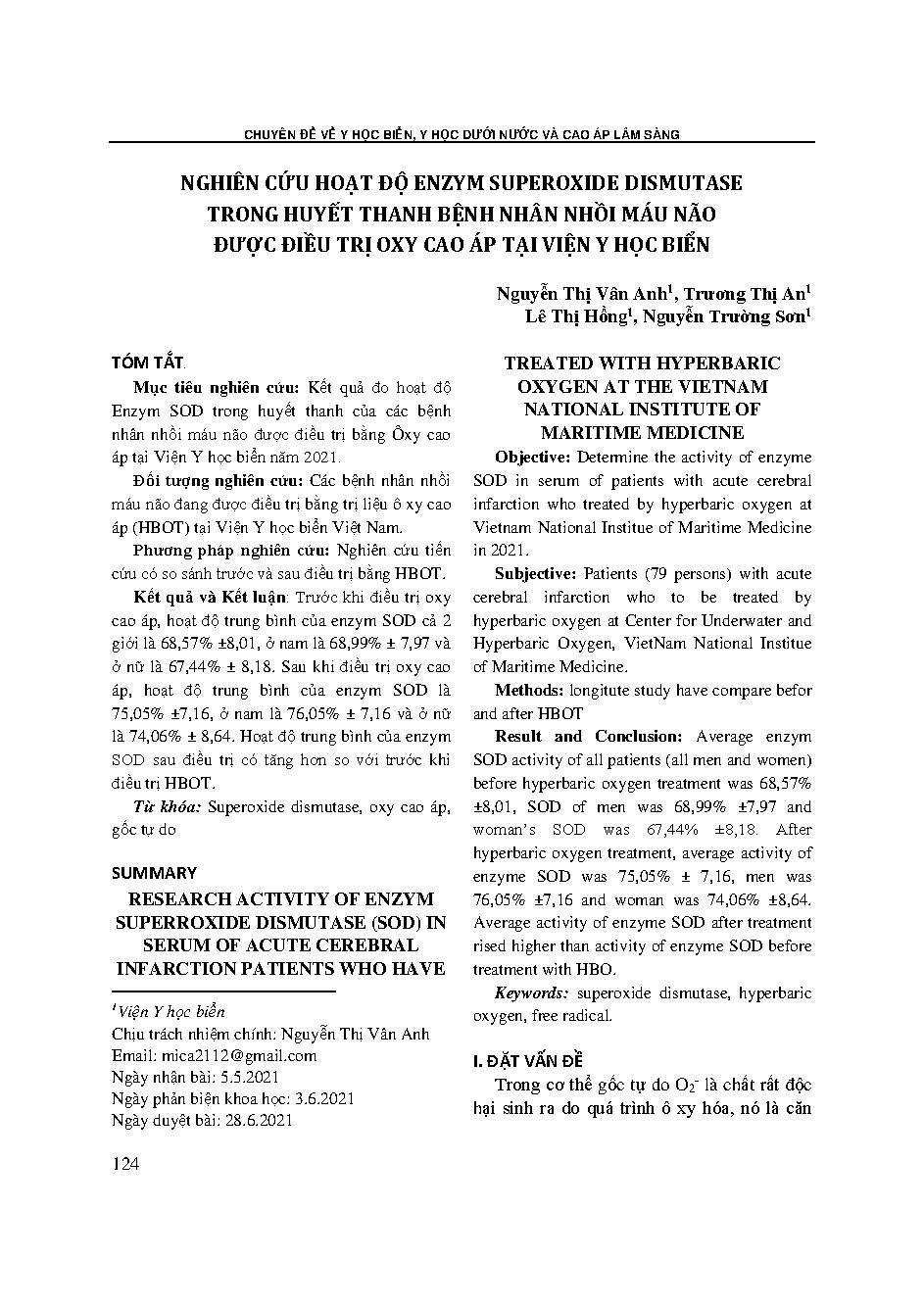 Nghiên cứu hoạt độ enzym superoxide dismutase trong huyết thanh bệnh nhân nhồi máu não được điều trị oxy cao áp tại Viện Y học biển