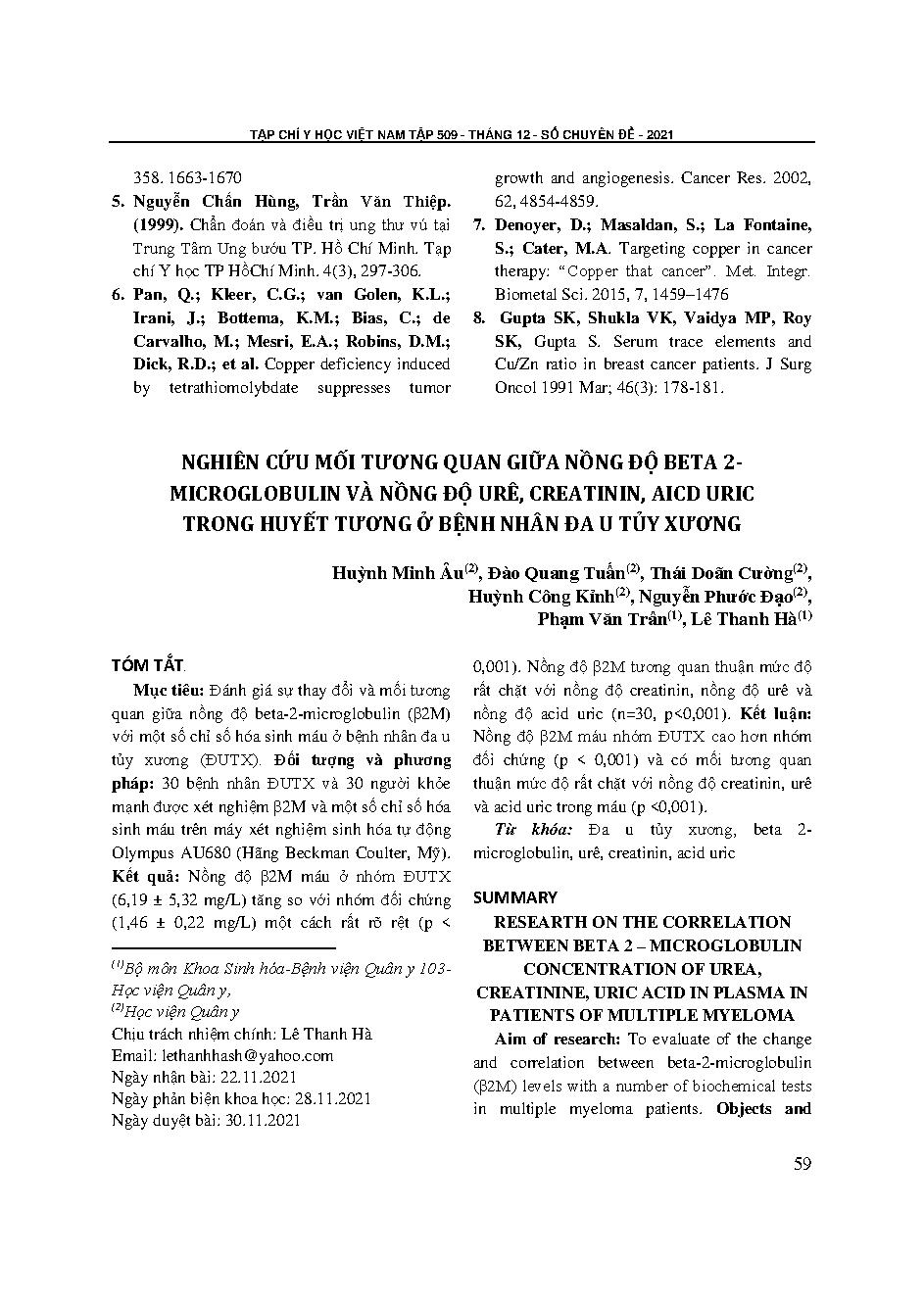 Nghiên cứu mối tương quan giữa nồng độ Beta 2-microglobulin và nồng độ Ure, Creatinin, Acid uric trong huyết tương ở bệnh nhân đa u tủy xương